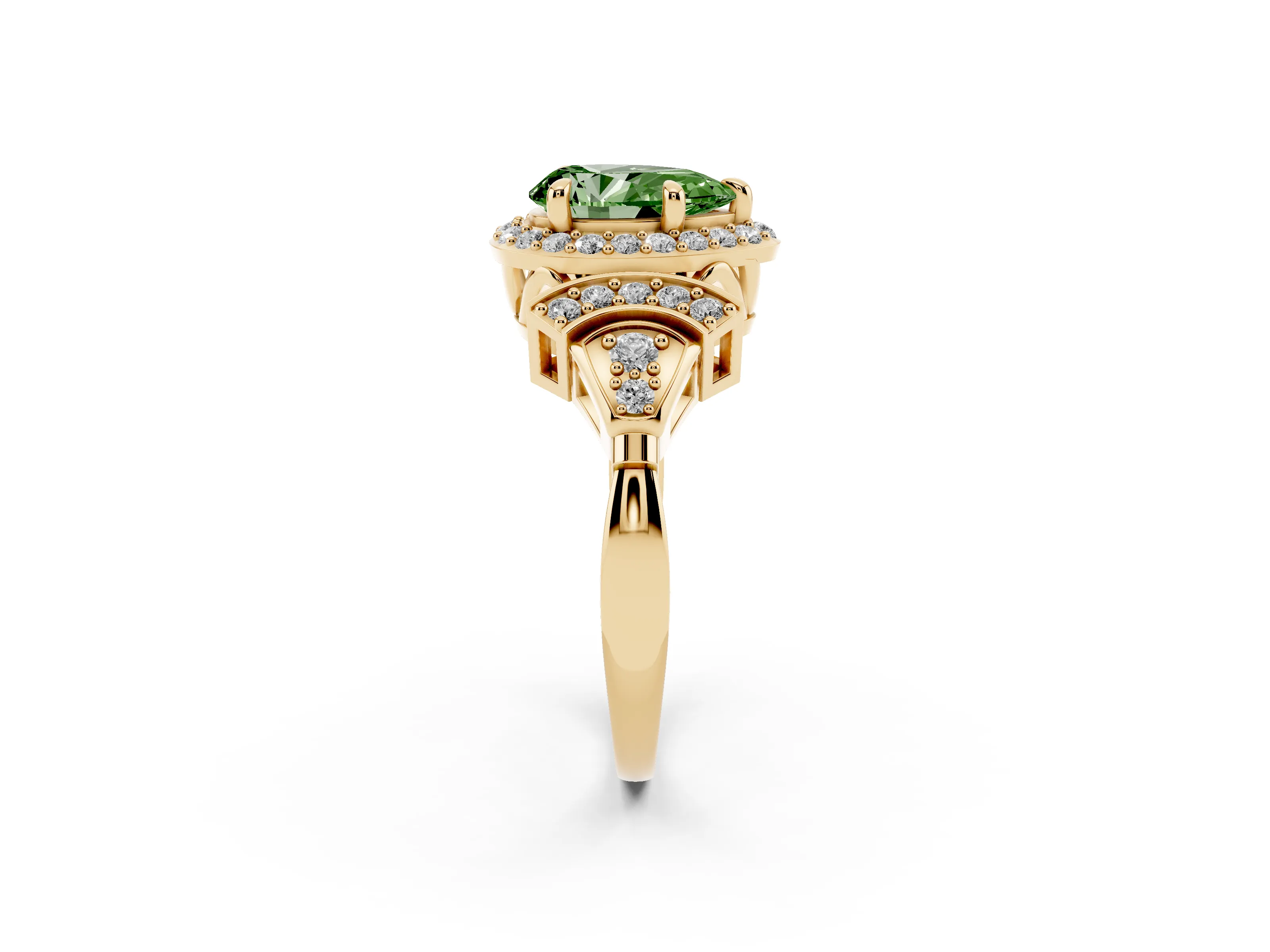 Fancy Green Pear Cut Diamond Halo Engagement Ring Set in Yellow gold with Accent Stone Split Shank