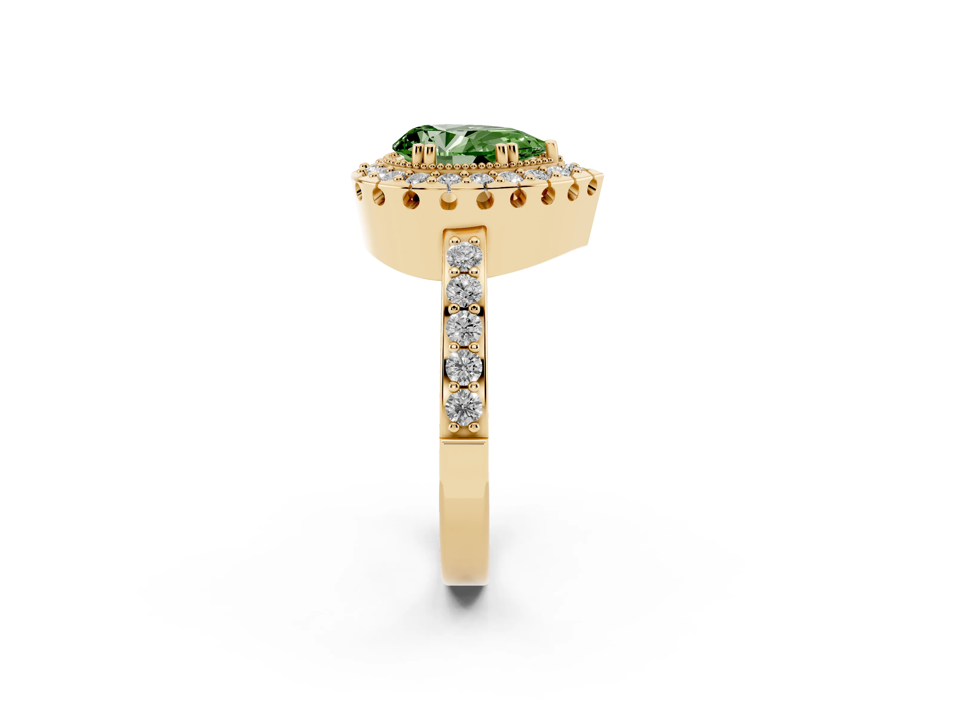Fancy Green Pear Cut Diamond Halo Ring Set in Yellow gold with Pavé Shank and Prong Setting