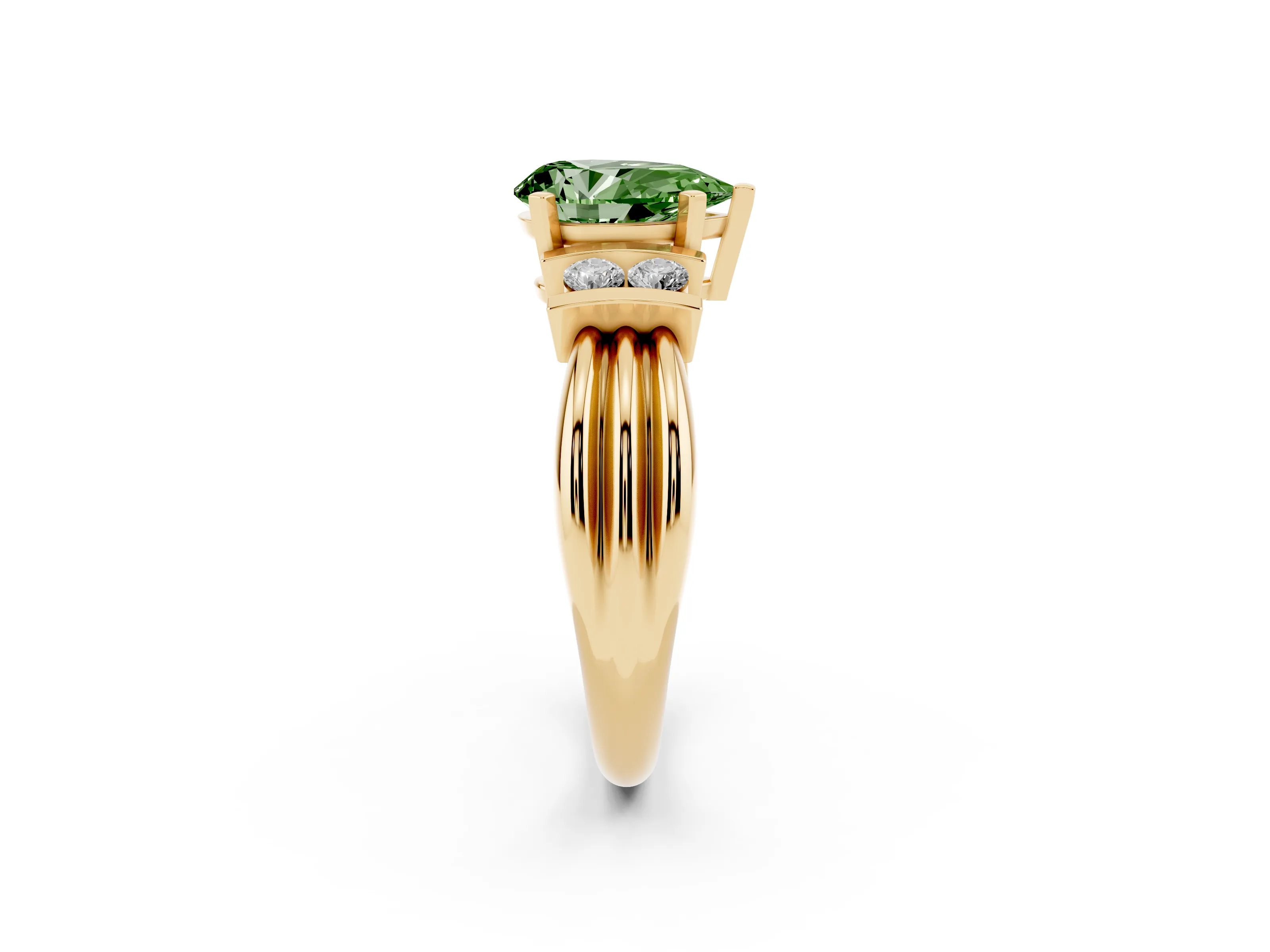 Fancy Green Three-Stone Pear Cut Diamond Channel Set Ring Set in Yellow gold with Bar Prongs