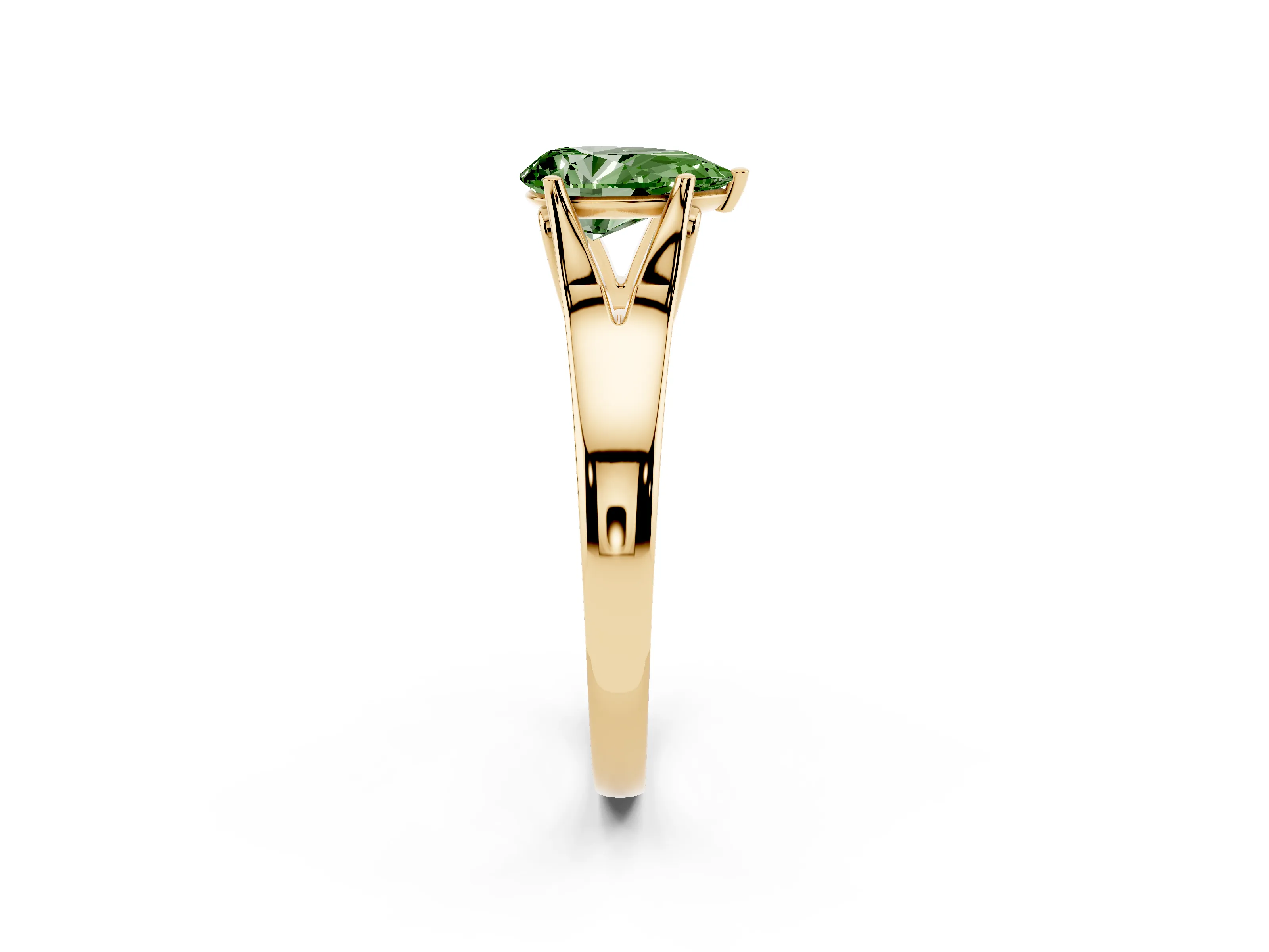 Fancy Green Pear Cut Diamond Solitaire Ring Set in Yellow gold with Arched Cathedral Band and Prong Setting