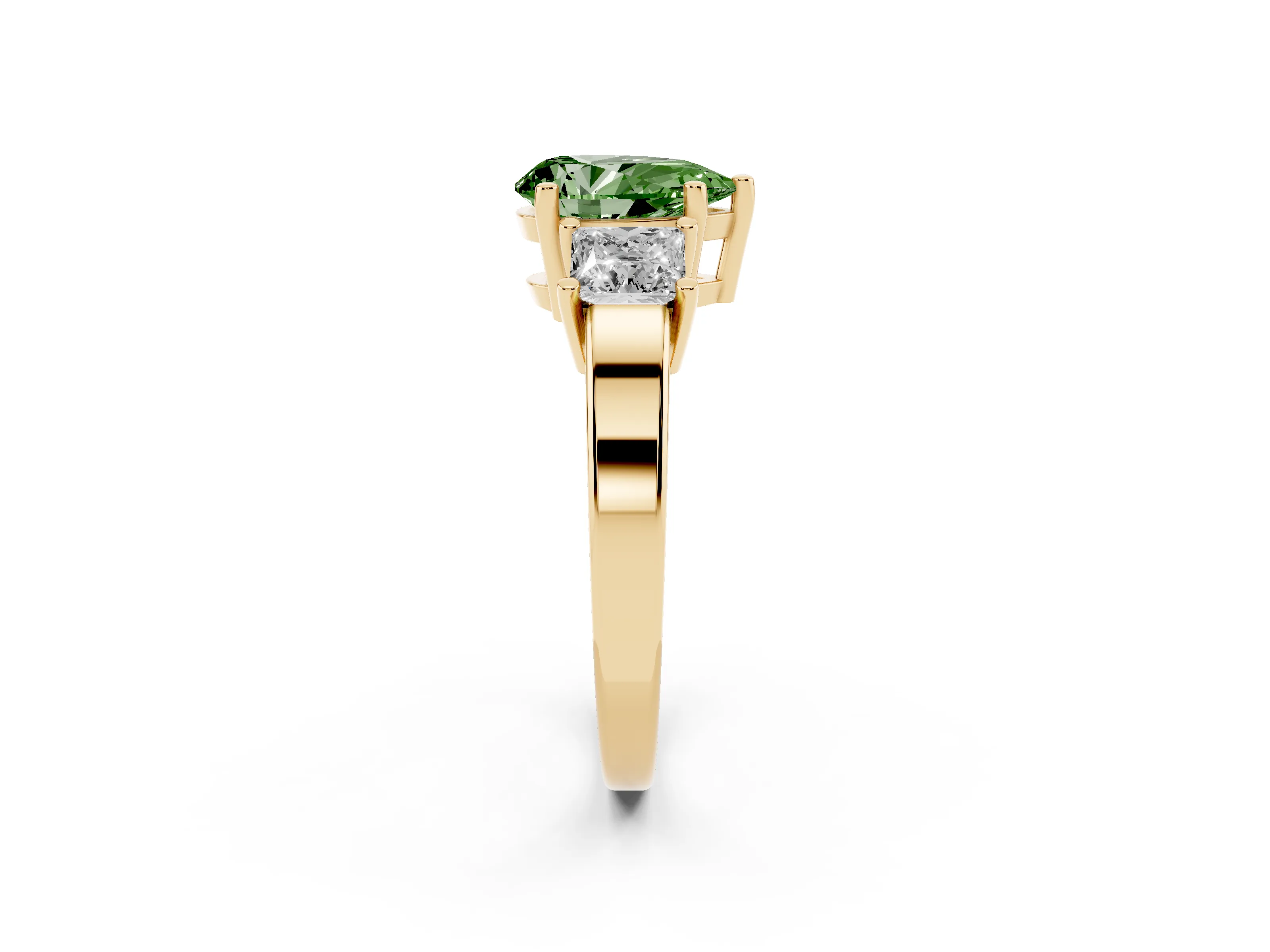 Fancy Green Three-Stone Pear Cut Diamond Solitaire Ring Set in Yellow gold with Prong Setting