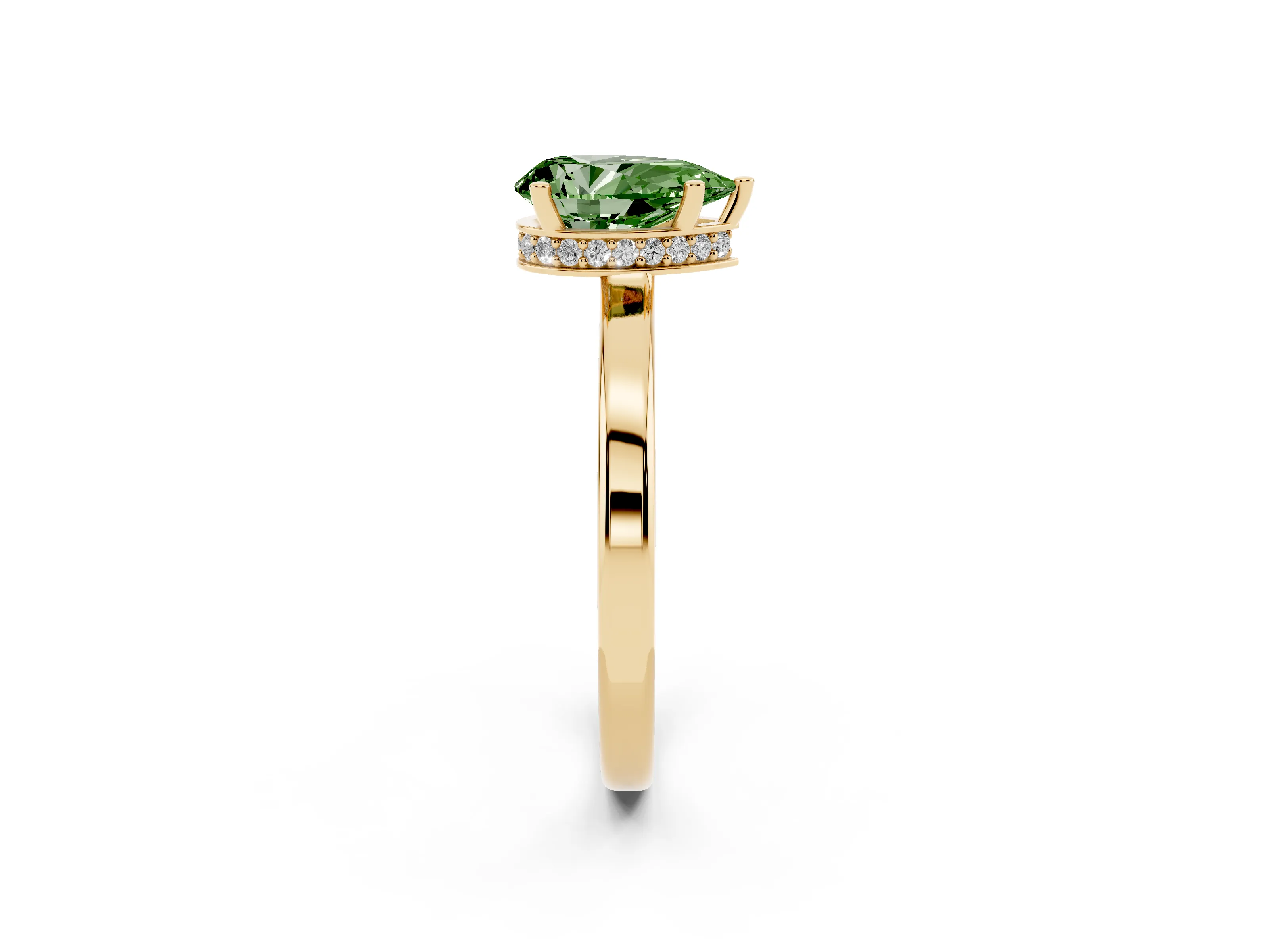 Fancy Green Pear Cut Diamond Solitaire Engagement Ring Set in Yellow gold with Prong Setting on a Plain Band