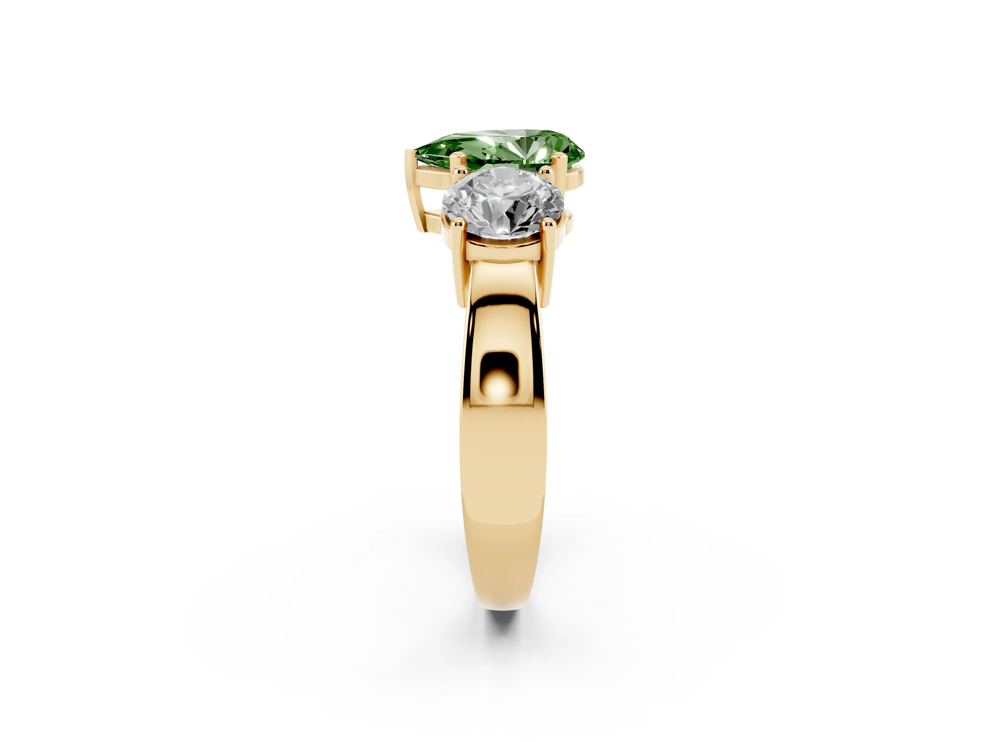 Fancy Green Pear Cut Diamond Three-Stone Ring Set in Yellow gold with Round Side Stones and Classic Band