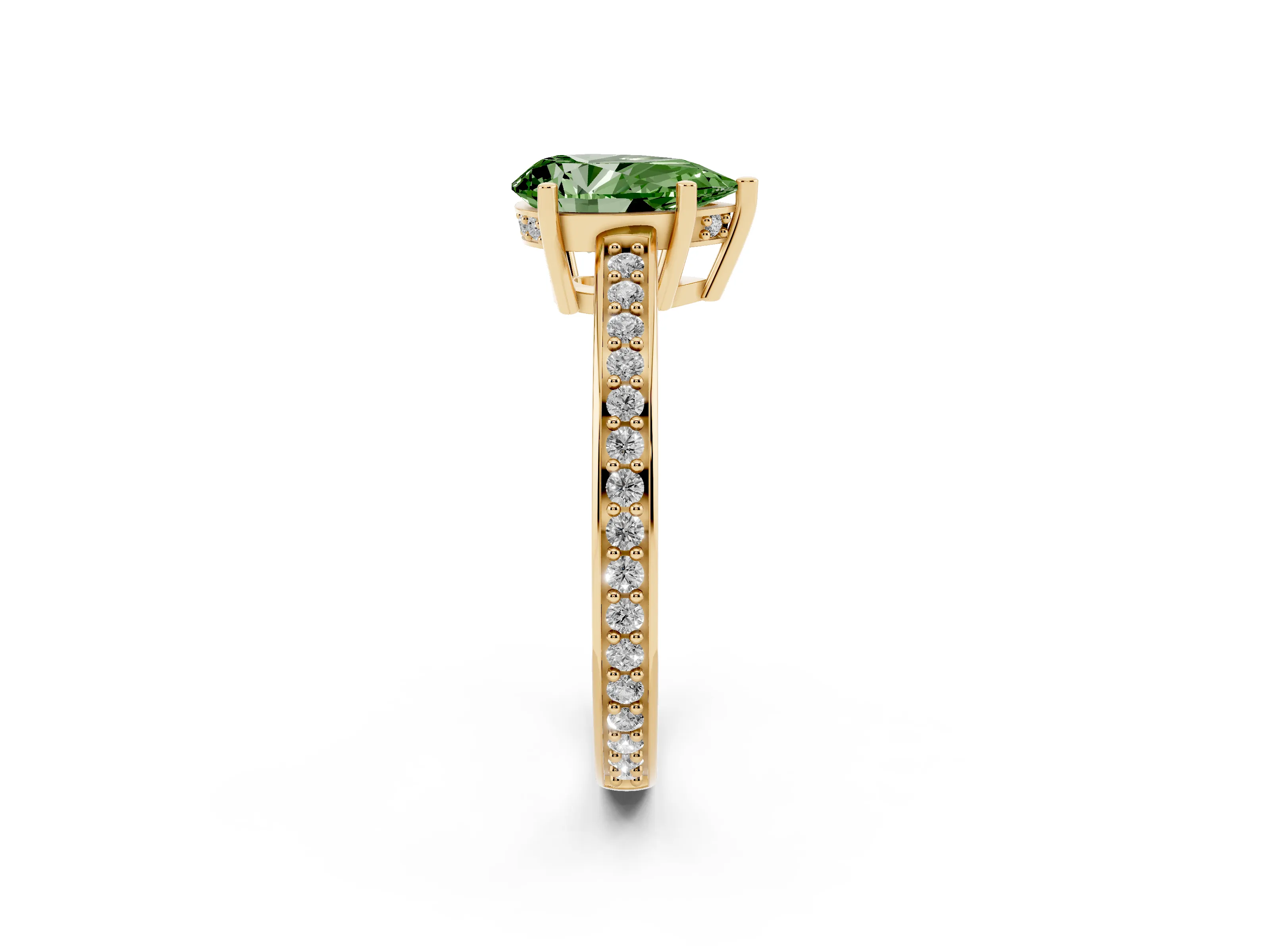 Fancy Green Pear Cut Diamond Pavé Band Prong Set Solitaire Ring Set in Yellow gold