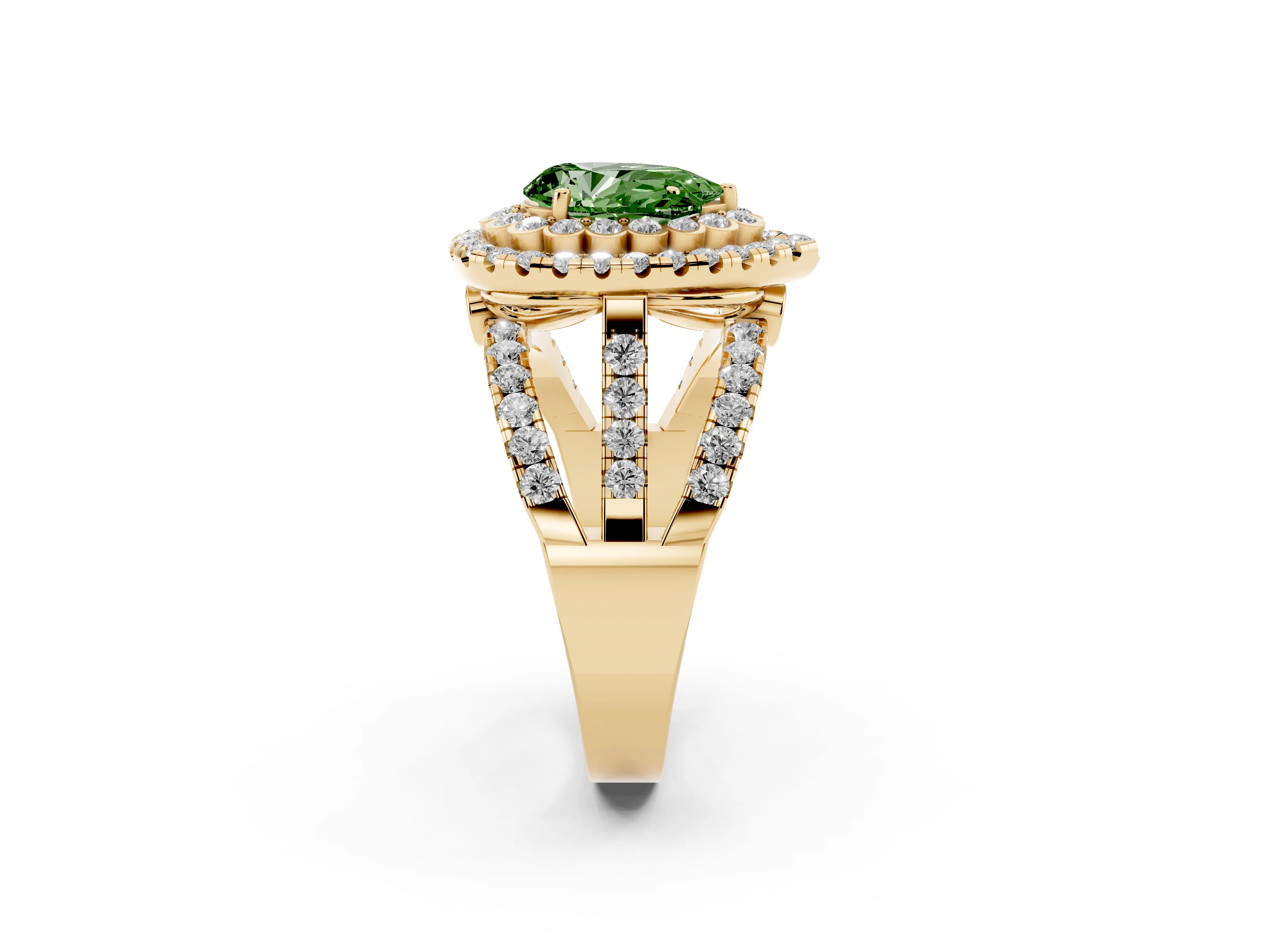 Fancy Green Pear Cut Diamond Double Halo Ring Set in Yellow gold with Round Pavé Split Shank