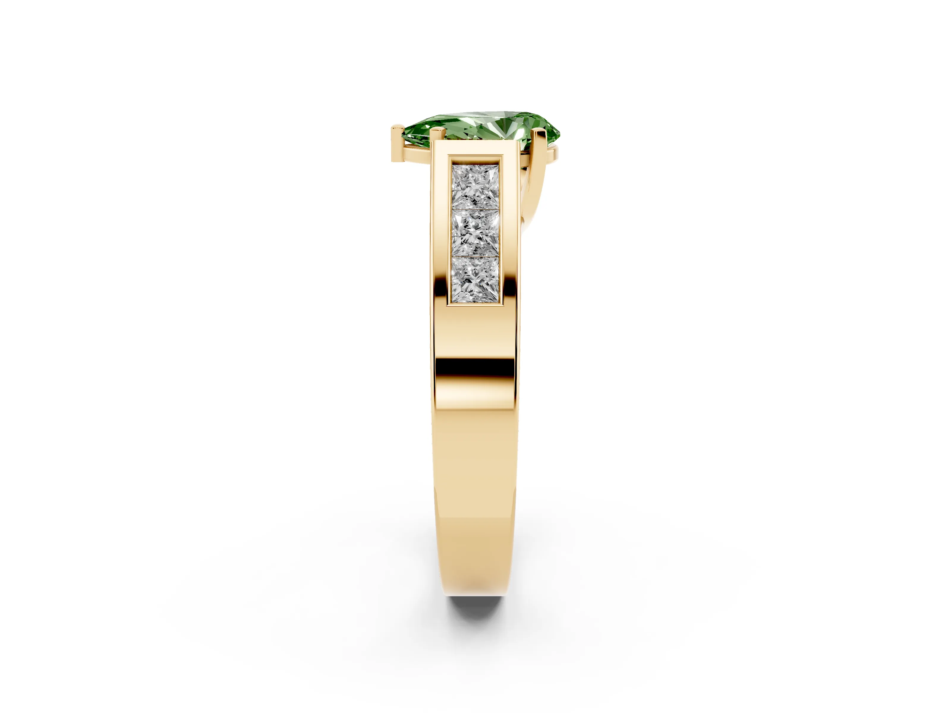 Fancy Green Pear Cut Diamond Solitaire Ring Set in Yellow gold with Channel-Set Accent Stones and Prong Setting
