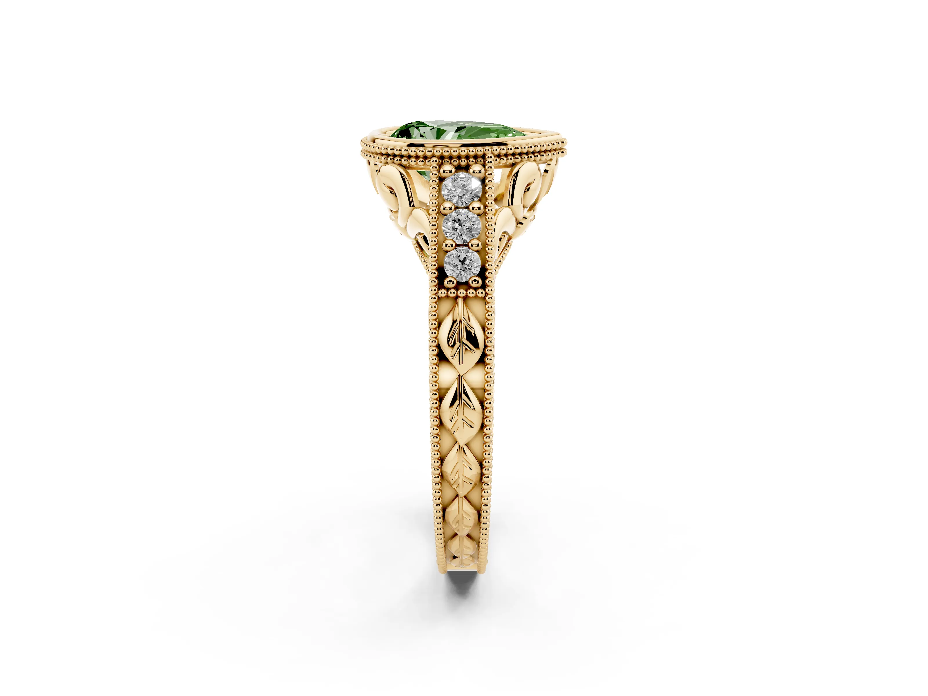 Fancy Green Bezel Set Pear Cut Diamond Milgrain Pavé Engagement Ring Set in Yellow gold