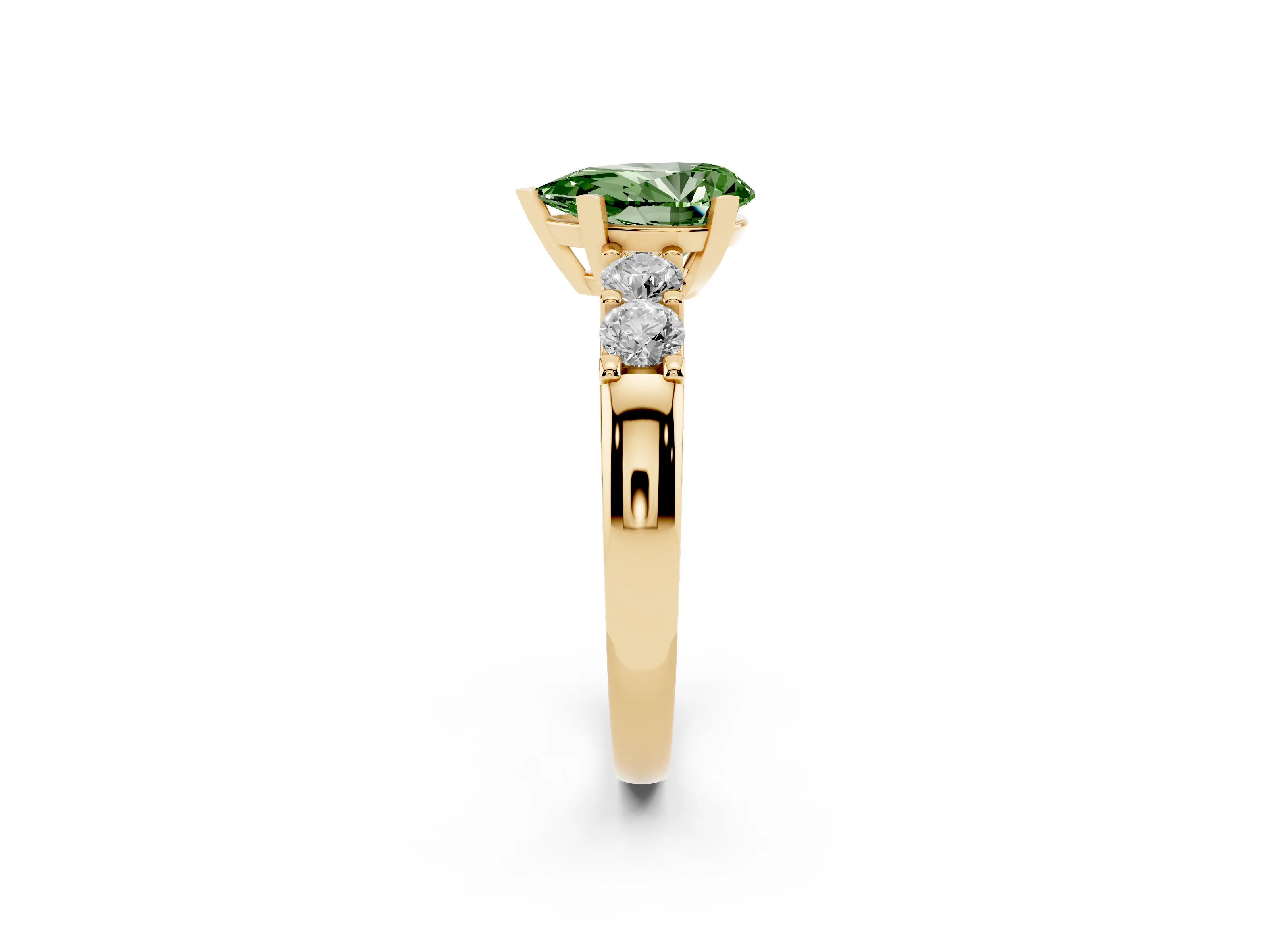 Fancy Green Pear Cut Diamond Five-Stone Prong Set Engagement Ring Set in Yellow gold with Channel Band