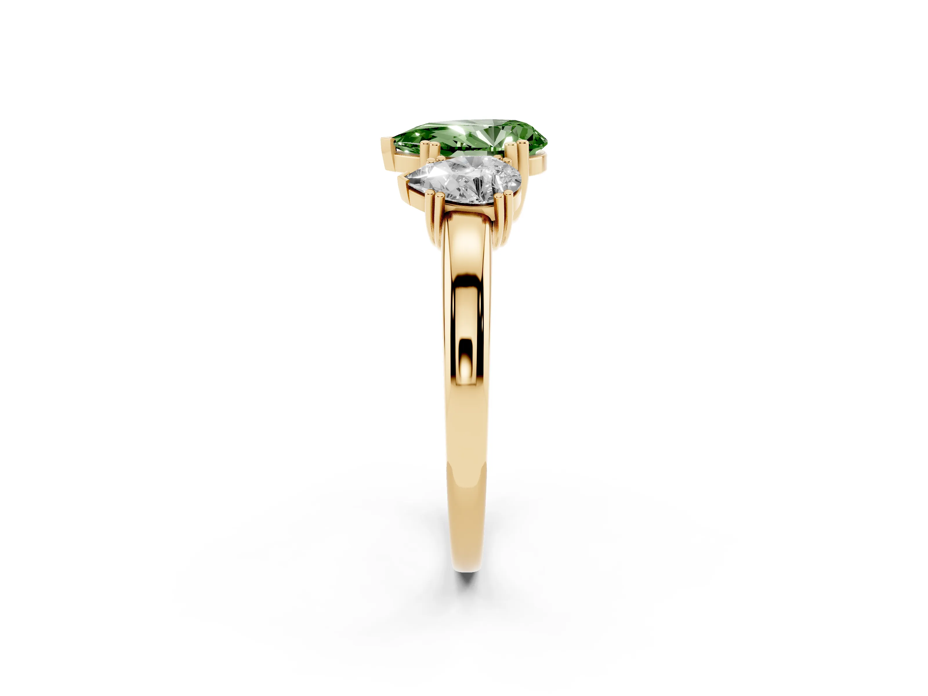 Fancy Green Pear Cut Diamond Three-Stone Ring Set in Yellow gold with Polished Channel-Set Band