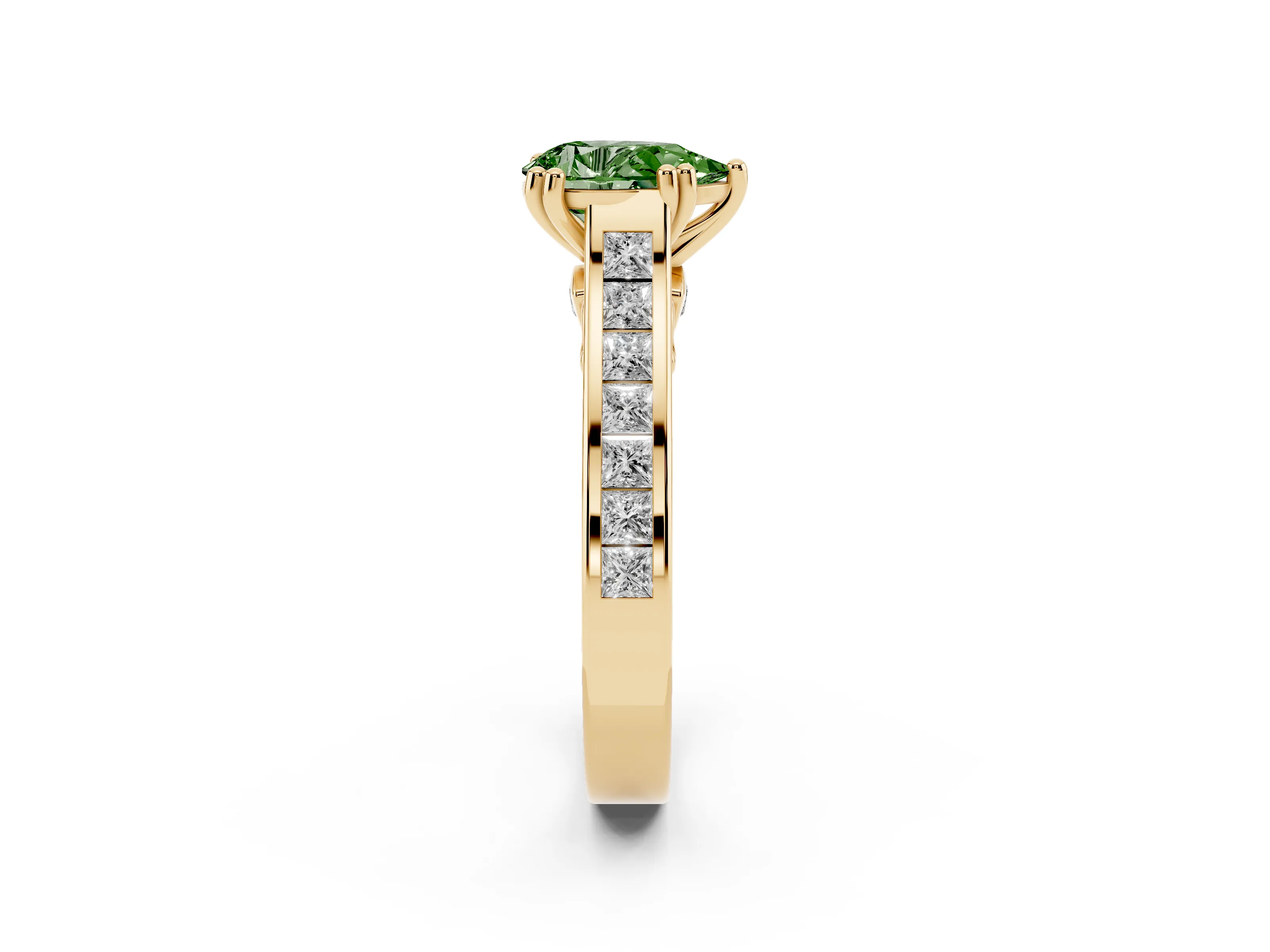 Fancy Green Pear Cut Diamond Channel Set Solitaire Engagement Ring Set in Yellow gold with Prong Setting