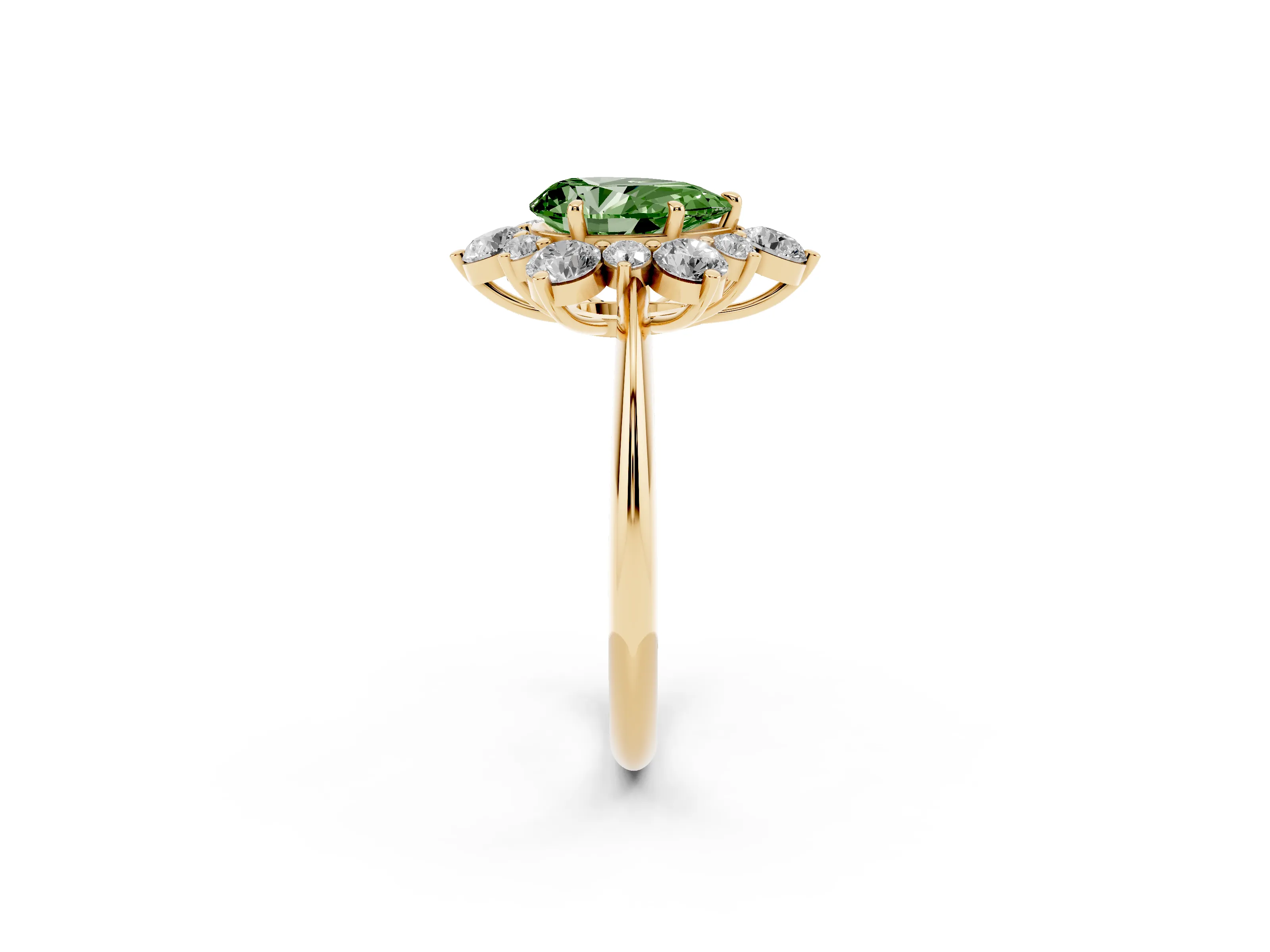 Fancy Green Pear Cut Diamond Cluster Halo Ring Set in Yellow gold with Solitaire Band and Prong Setting