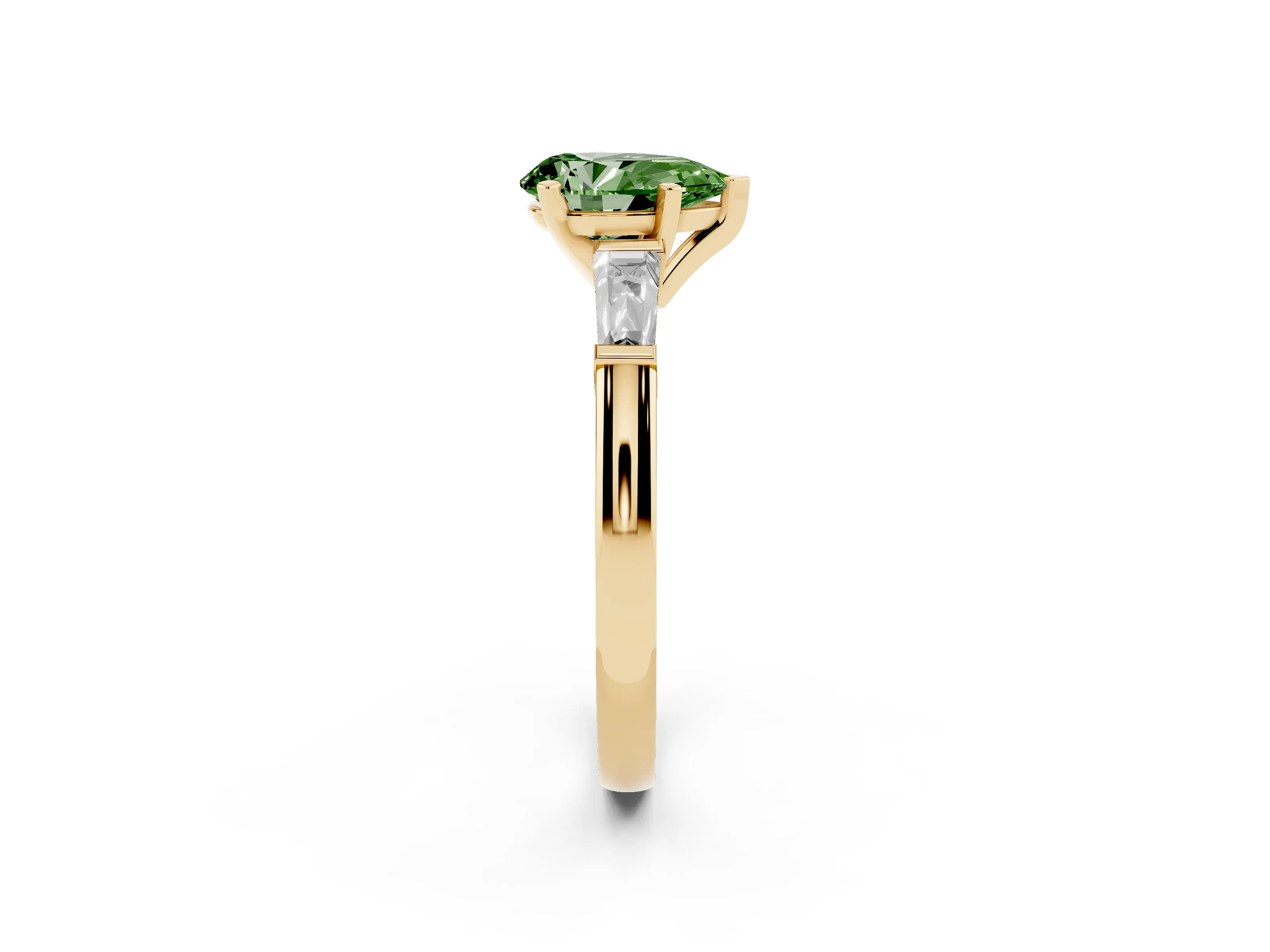 Fancy Green Pear Cut Diamond Solitaire Ring Set in Yellow gold with Tapered Baguette Side Stones and Prong Setting