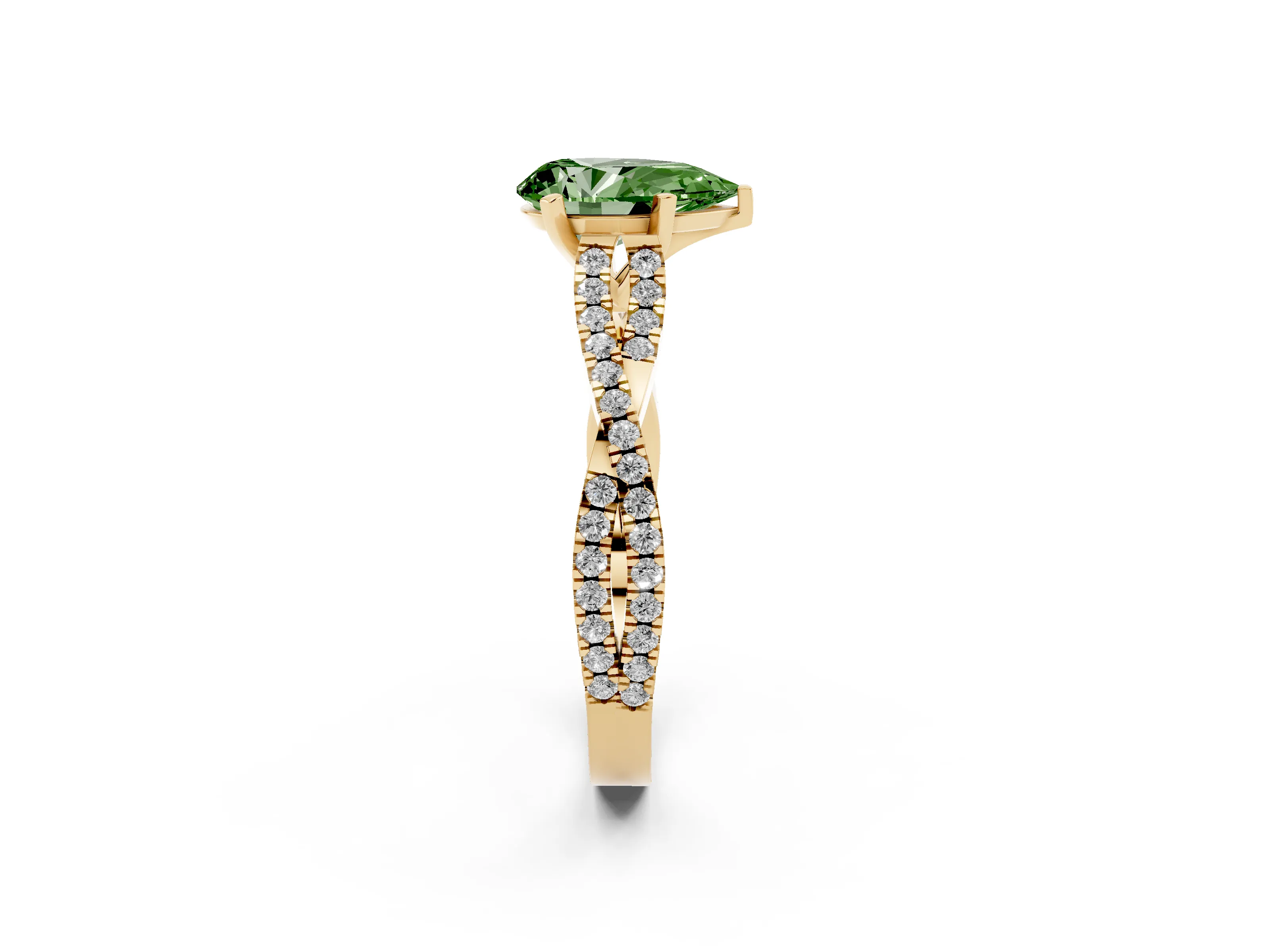 Fancy Green Pear Cut Diamond Solitaire Engagement Ring Set in Yellow gold with Twisted Pavé Band and Prong Setting