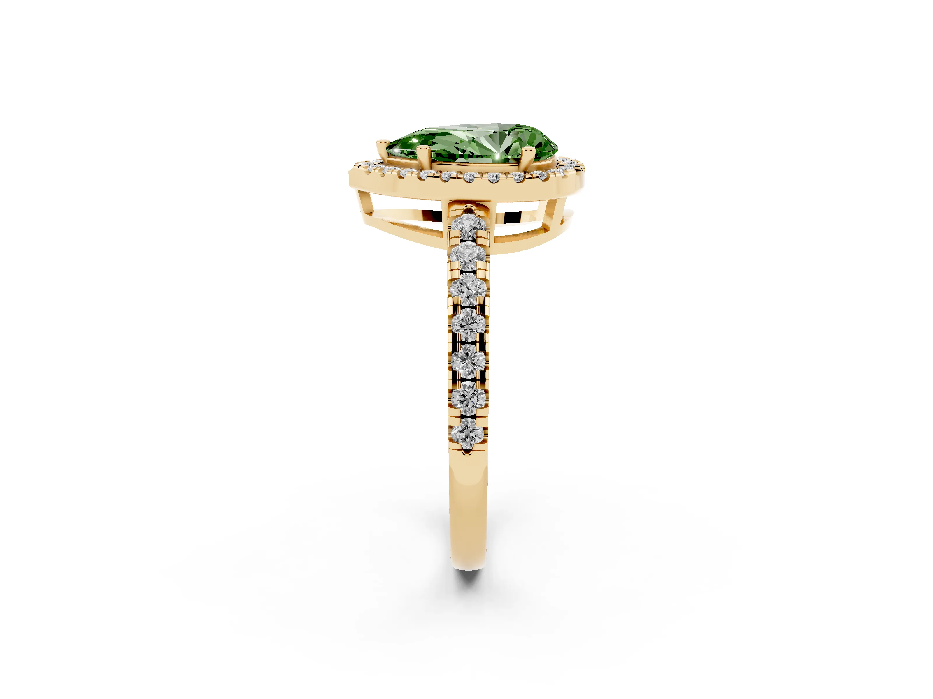 Fancy Green Pear Cut Diamond Halo Ring Set in Yellow gold with Delicate Pavé Band and Prong Setting