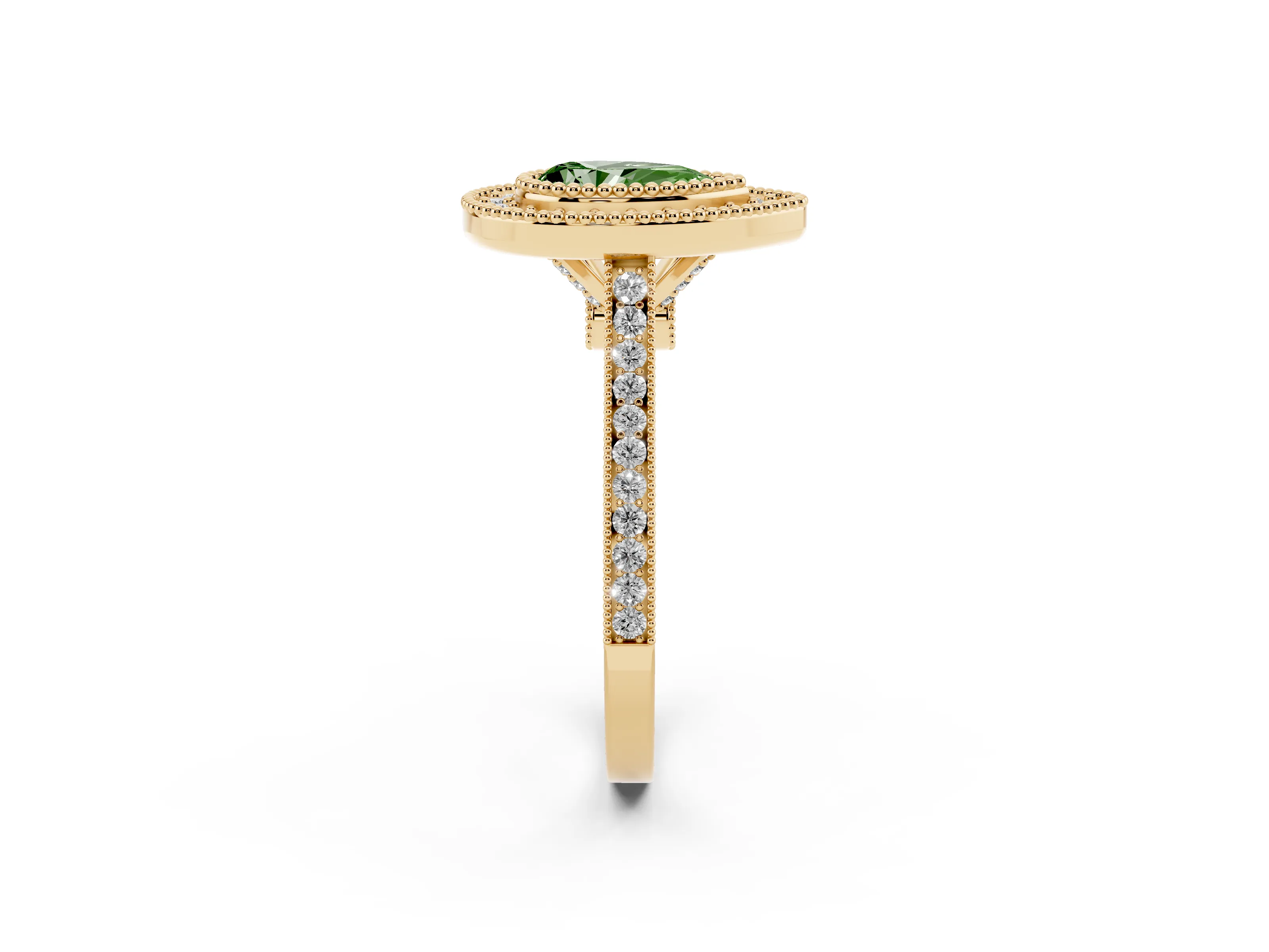 Fancy Green Pear Cut Diamond Halo Ring Set in Yellow gold with Milgrain Frame and Pavé Band