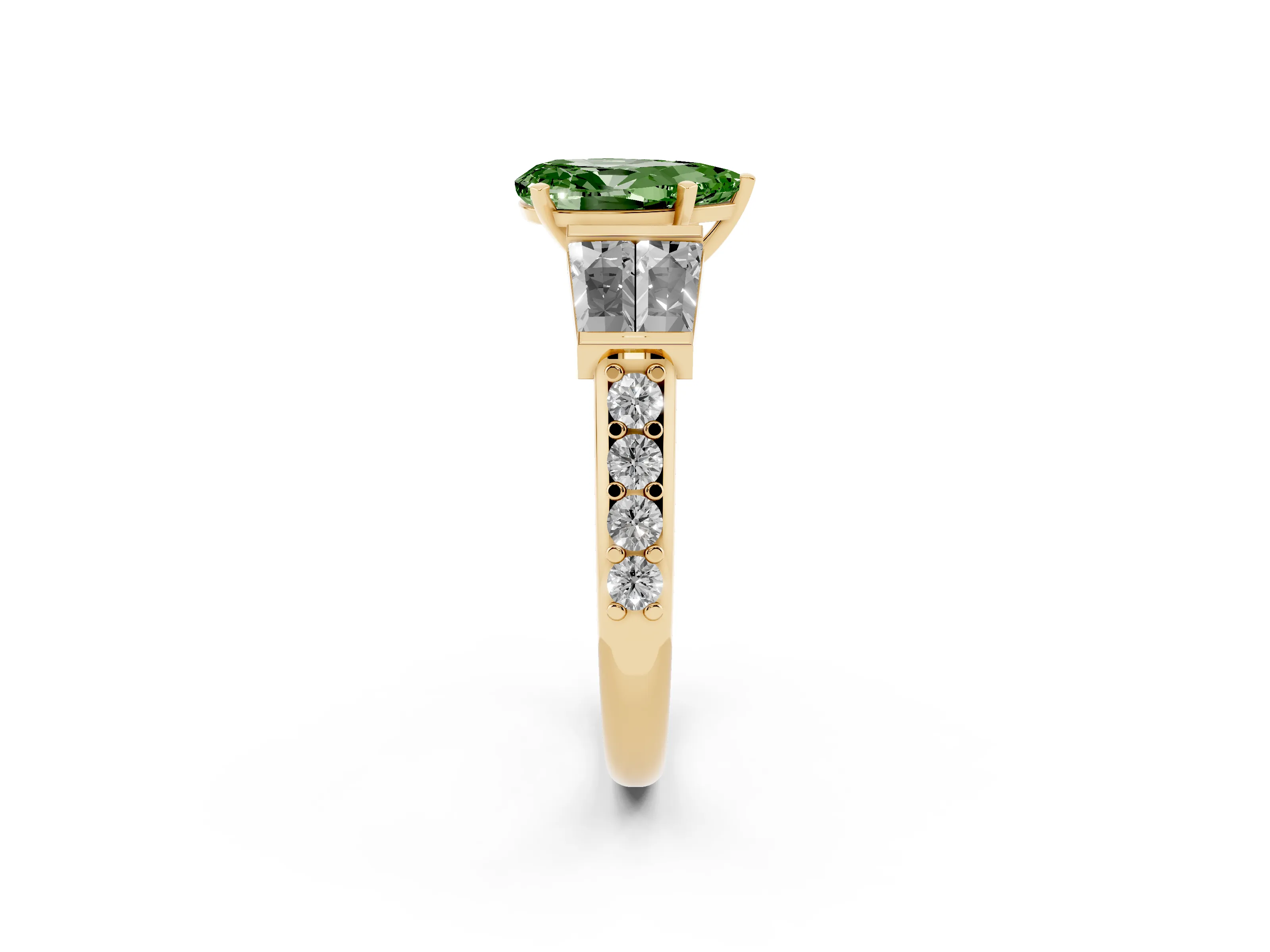 Fancy Green Pear Cut Diamond Engagement Ring Set in Yellow gold with Baguette Side Stones and Channel Set Band