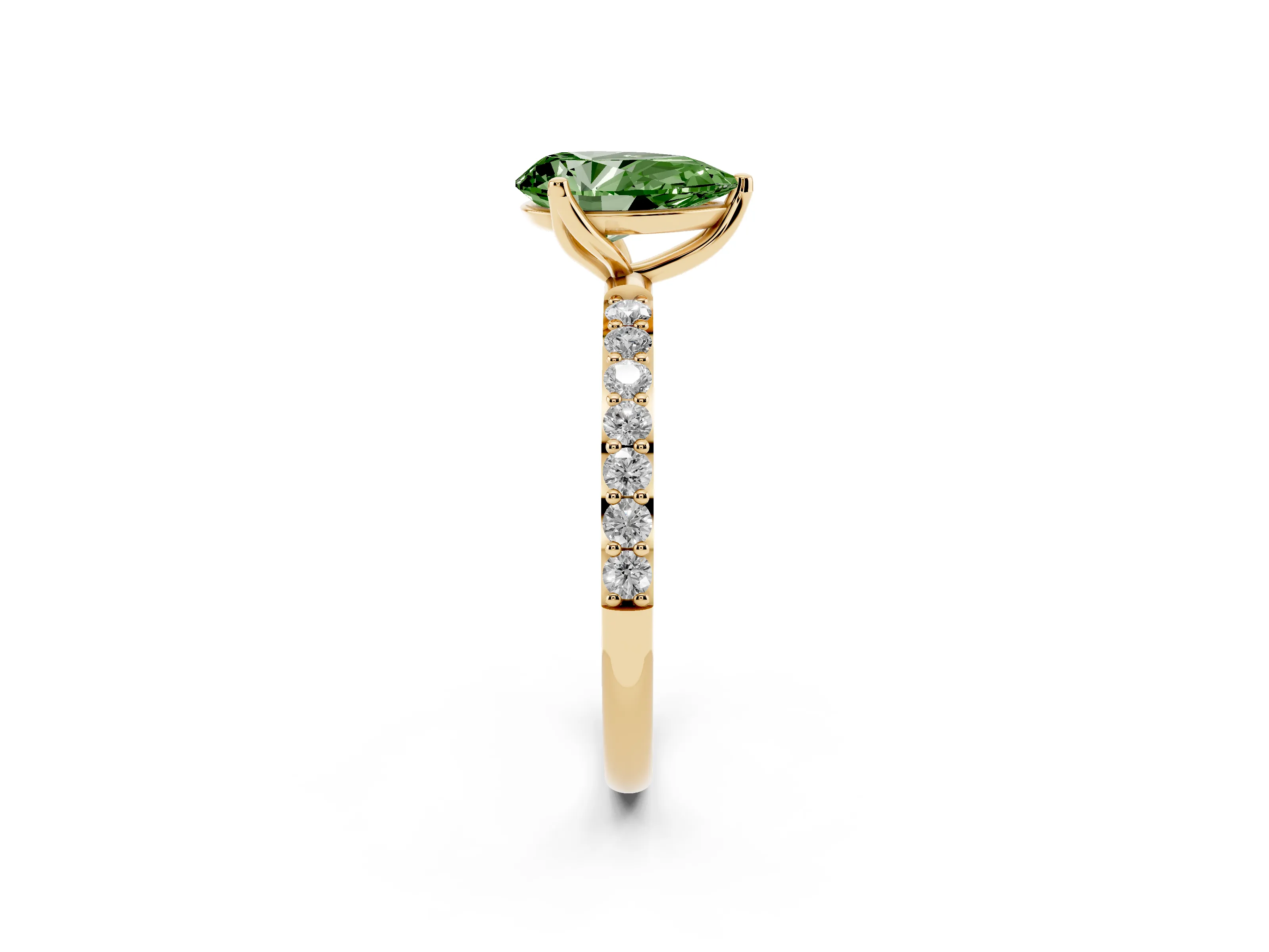 Fancy Green Pear Cut Diamond Solitaire Engagement Ring Set in Yellow gold with Round Pavé Band and Prong Setting
