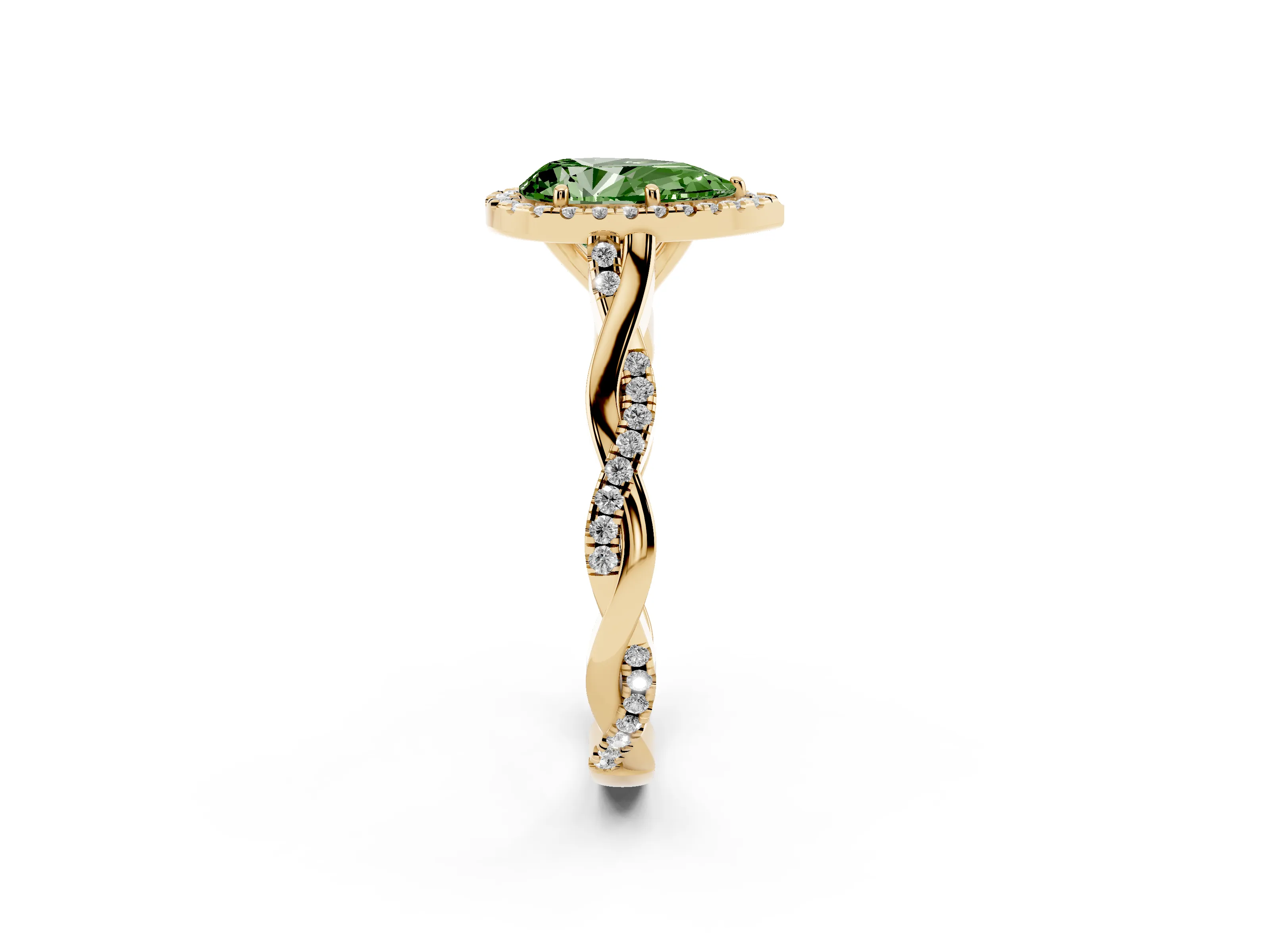 Fancy Green Pear Cut Diamond Halo Twist Band Solitaire Ring Set in Yellow gold with Prong Setting