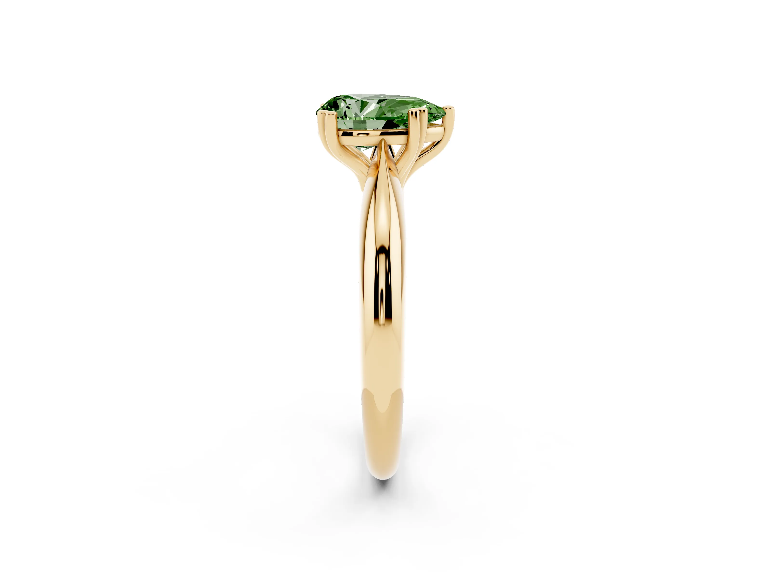 Fancy Green Pear Cut Diamond Solitaire Engagement Ring Set in Yellow gold with Tapered Band and Prong Setting