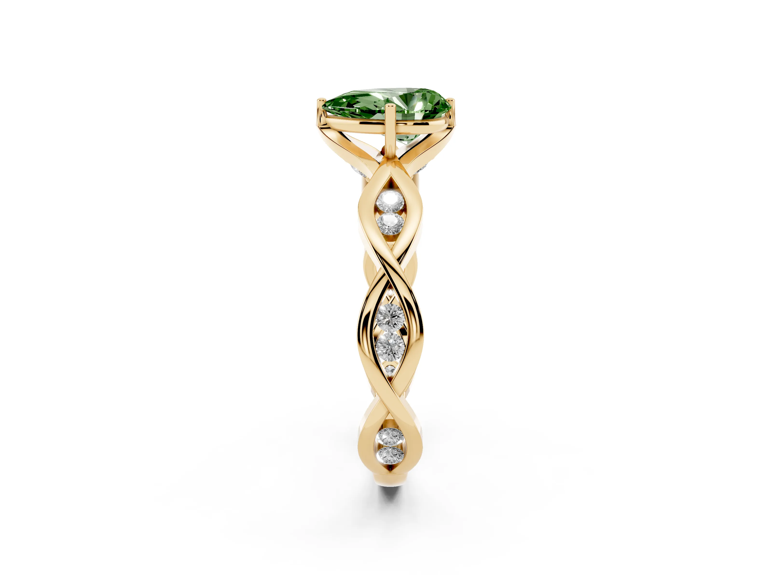 Fancy Green Pear Cut Diamond Twist Band Solitaire Ring Set in Yellow gold with Leaf Prong Setting and Accent Stones