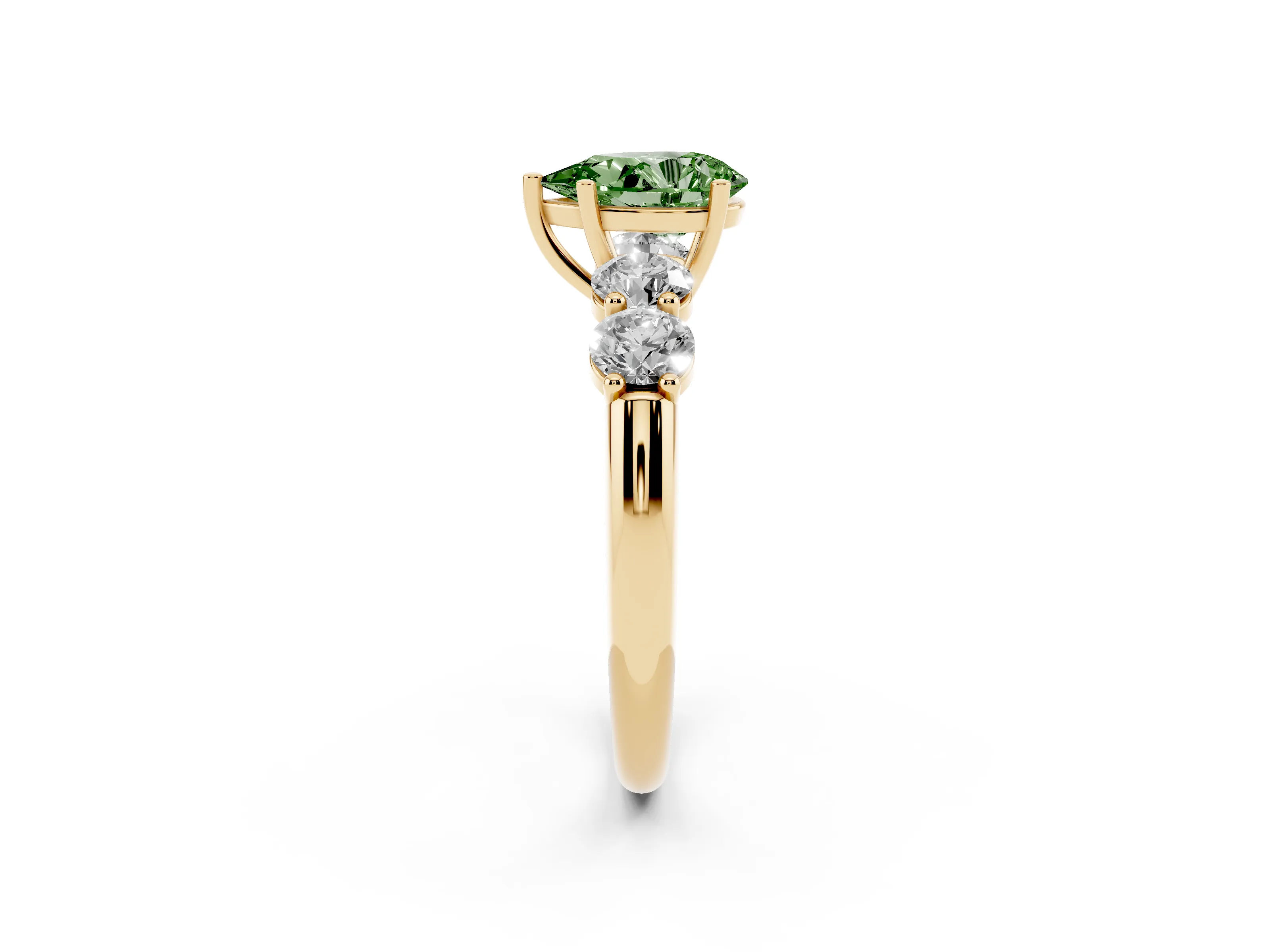 Fancy Green Pear Cut Diamond Five-Stone Prong Set Ring Set in Yellow gold with Classic Band