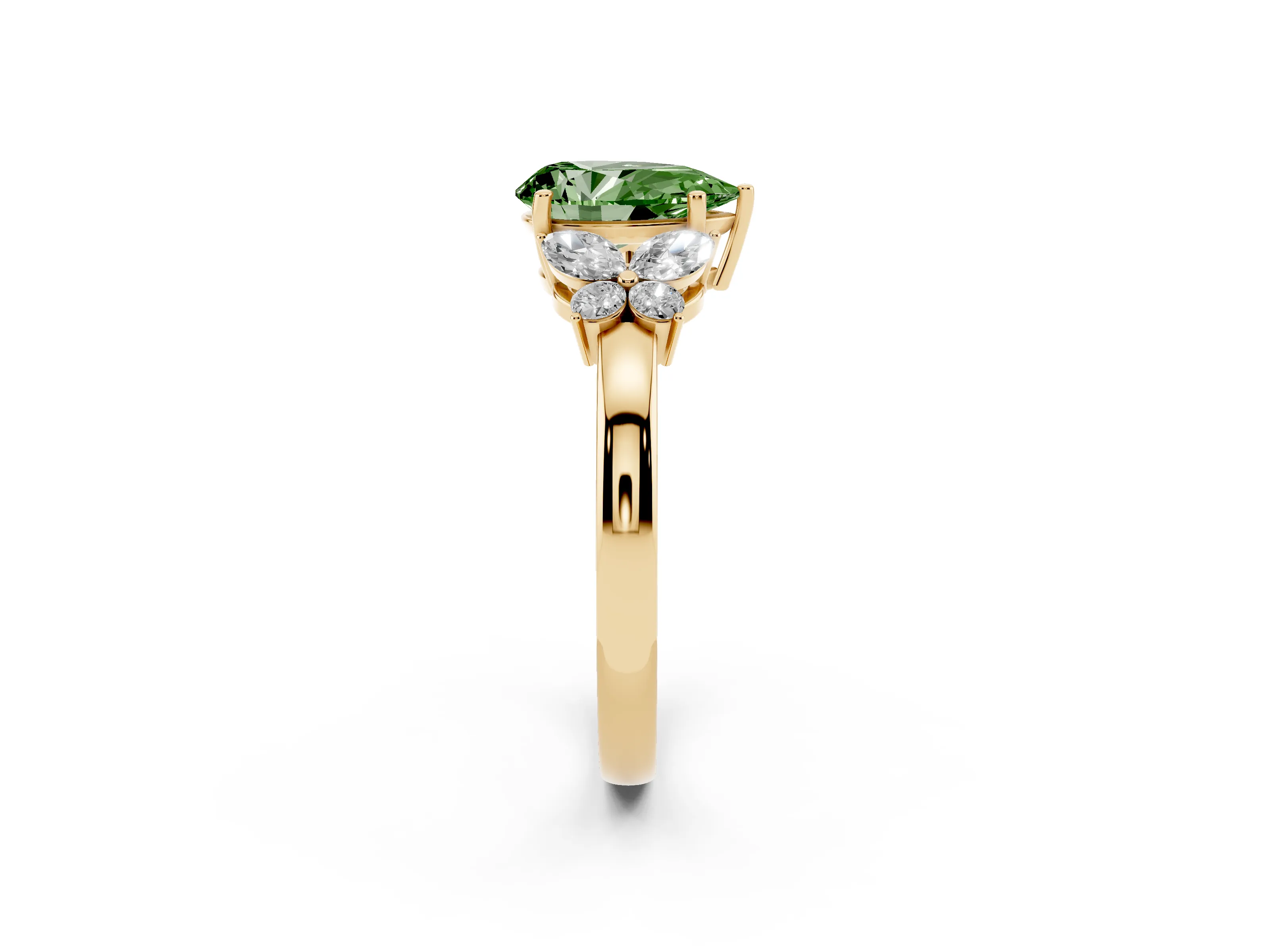 Fancy Green Pear Cut Diamond Solitaire Floral Ring Set in Yellow gold with Marquise Petals and Prong Setting