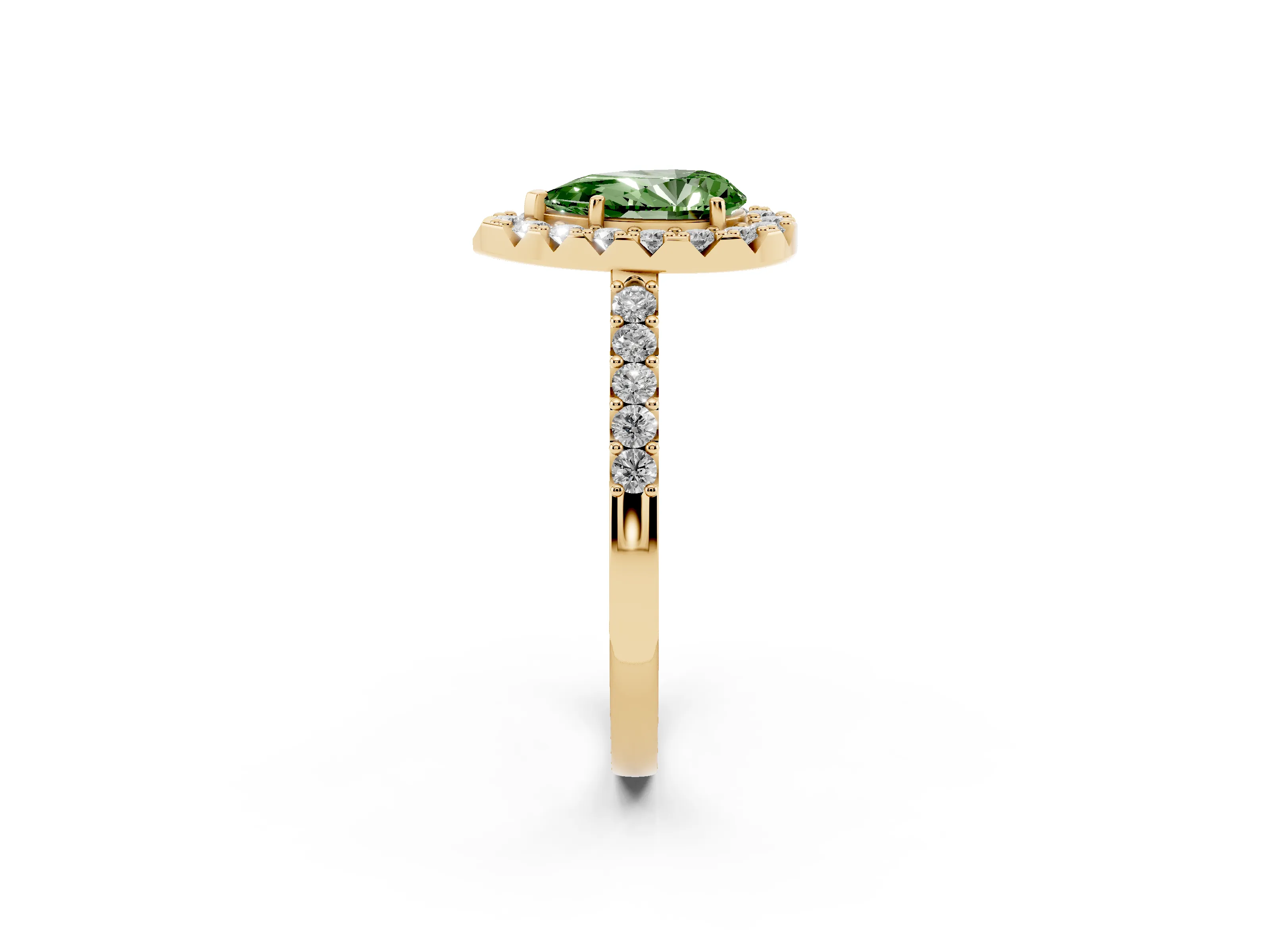 Fancy Green Pear Cut Diamond Halo Pavé Solitaire Ring Set in Yellow gold with Prong-Set Center Stone