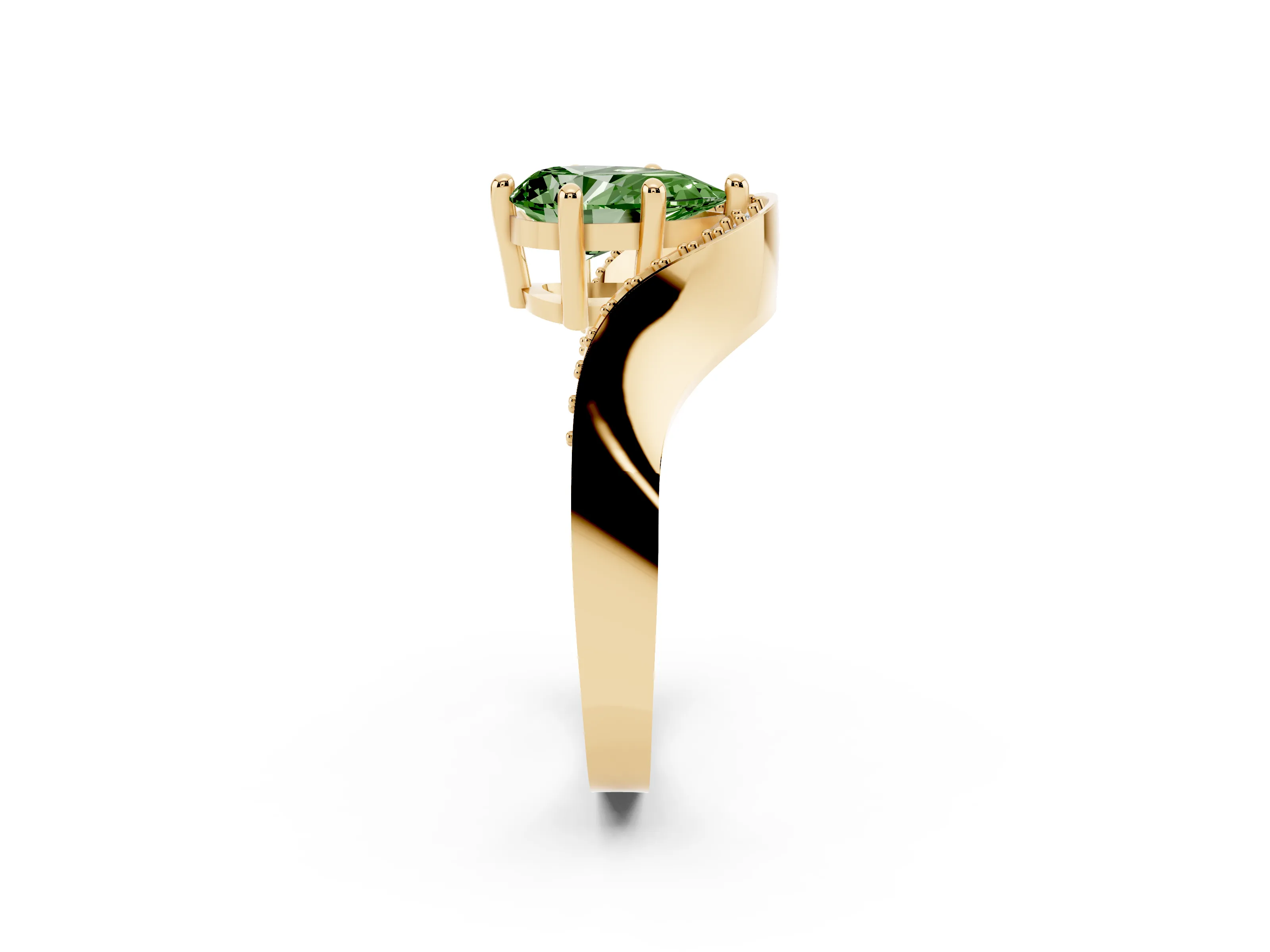 Fancy Green Pear Cut Diamond Solitaire Engagement Ring Set in Yellow gold with Pavé Shoulders