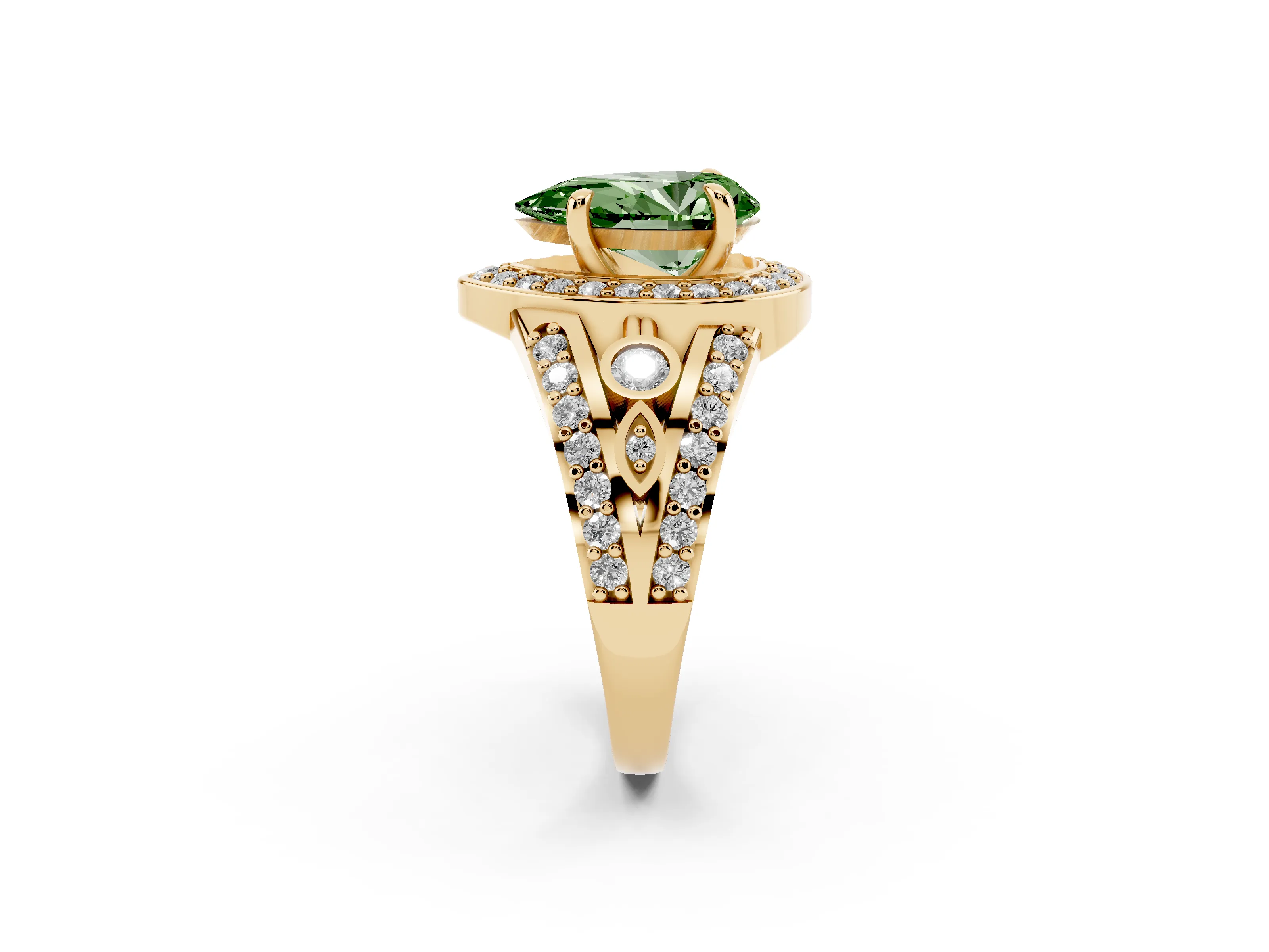 Fancy Green Pear Cut Diamond Halo Ring Set in Yellow gold with Pavé Split Shank and Bezel Accents