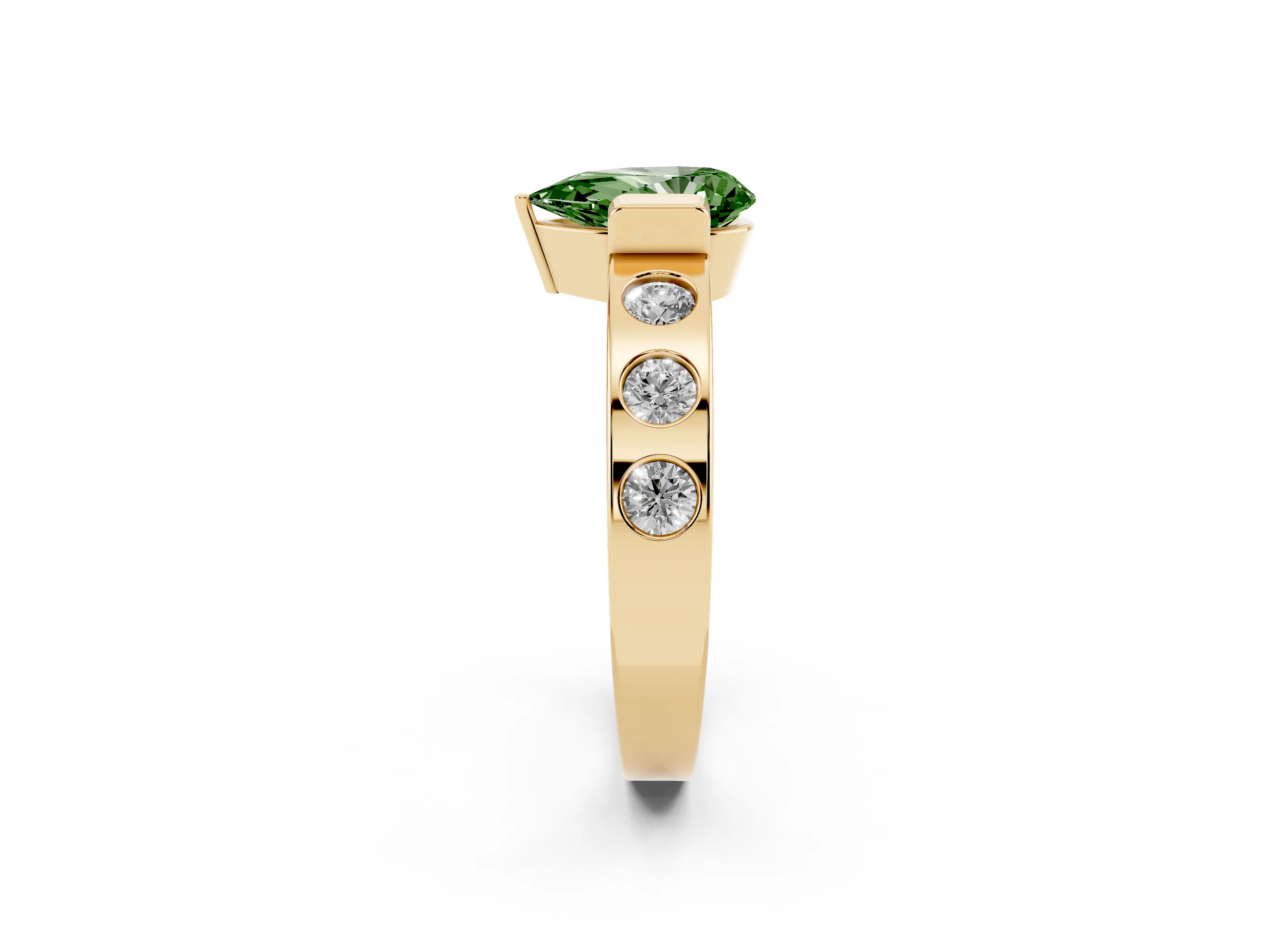 Fancy Green Pear Cut Diamond Channel-Set Band Ring Set in Yellow gold with Bezel Prong Setting