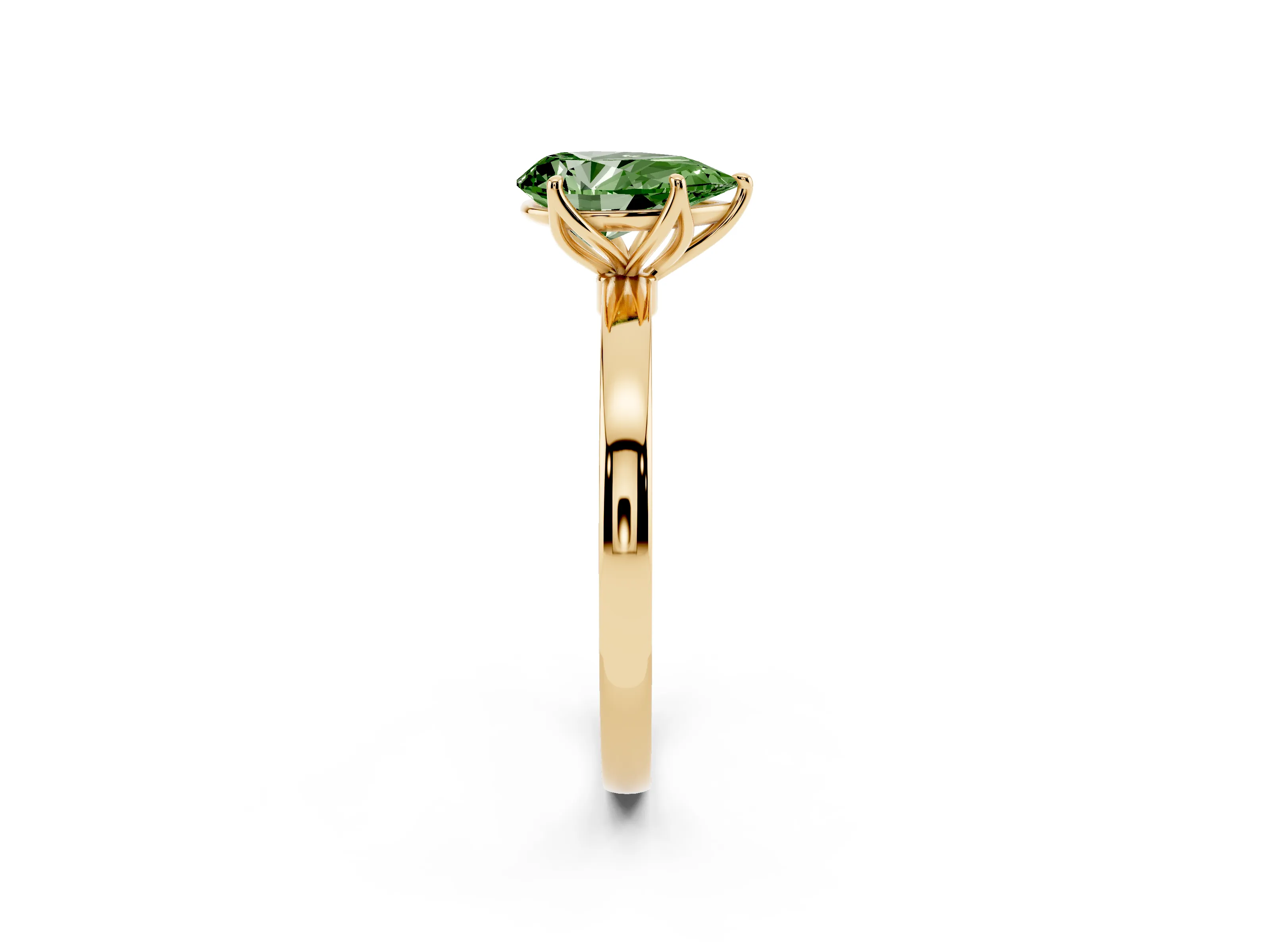 Fancy Green Pear Cut Diamond Solitaire Ring Set in Yellow gold with Prong Setting and Thin Polished Band