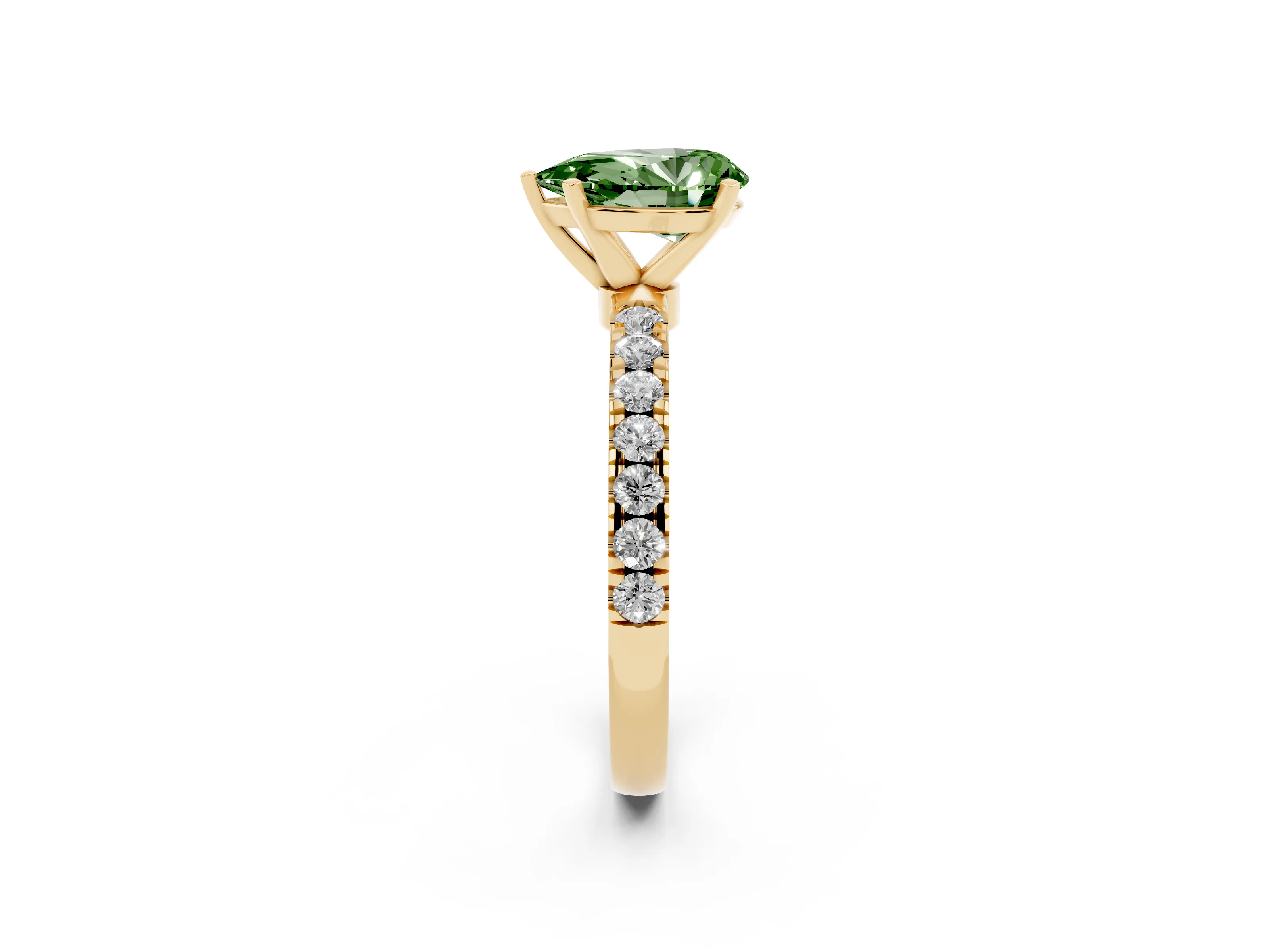 Fancy Green Pear Cut Diamond Solitaire Ring Set in Yellow gold with Pavé Accents and Prong Setting