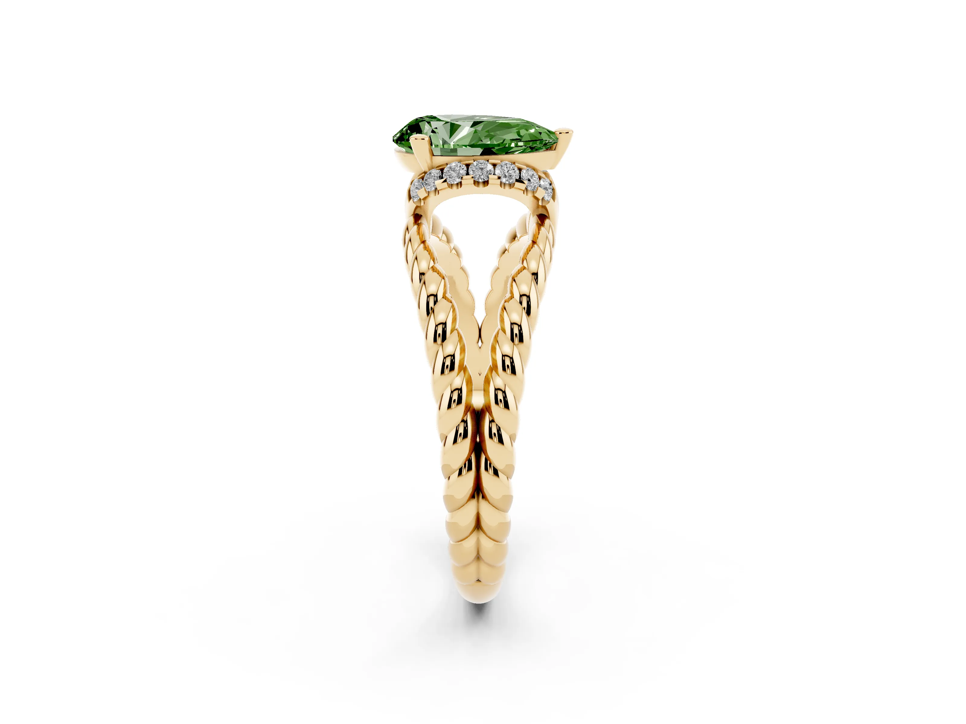 Fancy Green Pear Cut Diamond Halo Ring Set in Yellow gold with Twisted Band and Prong Setting