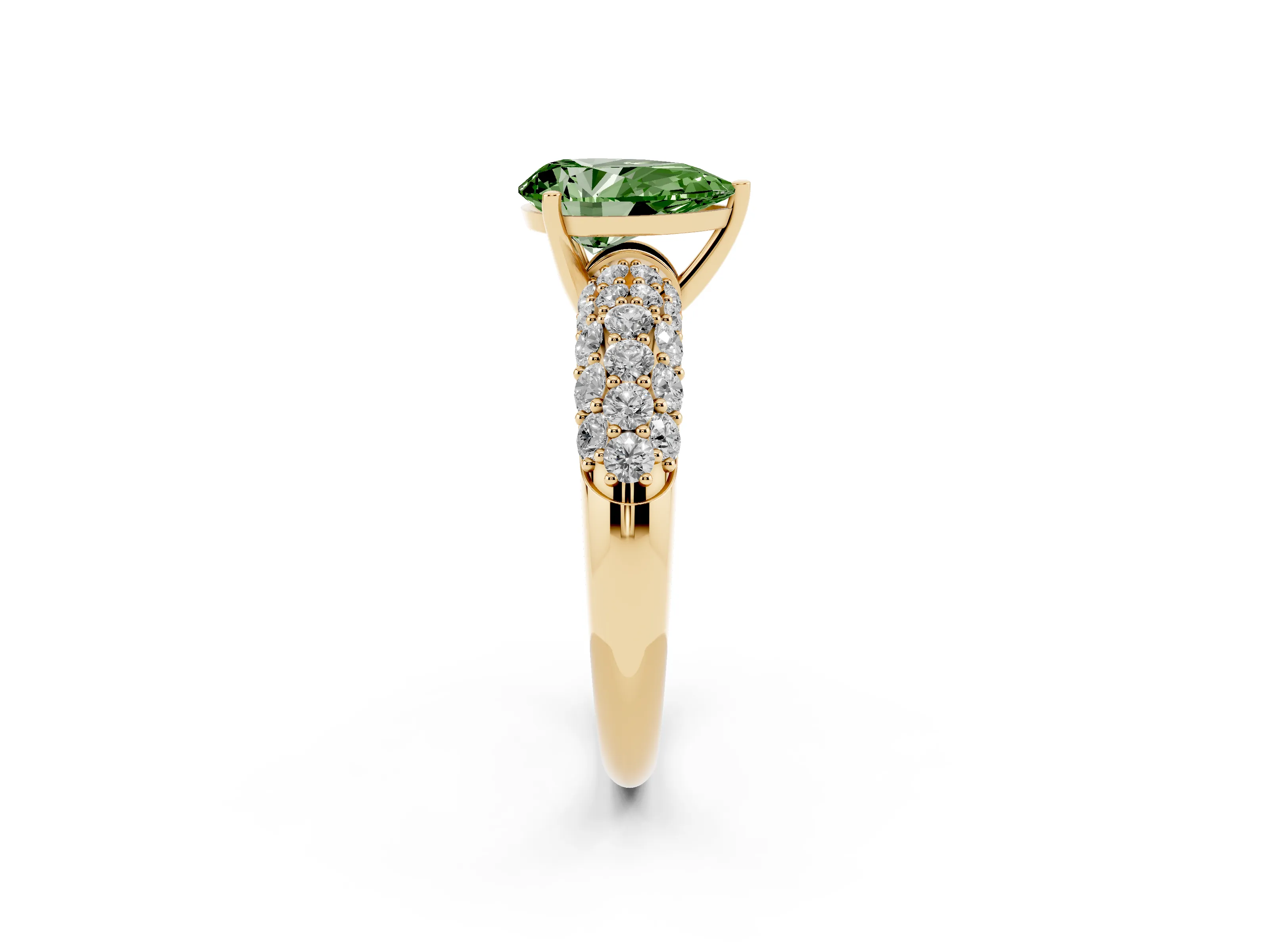 Fancy Green Pear Cut Diamond Pavé Band Solitaire Ring Set in Yellow gold with Close-Set Accent Stones and Prong Setting