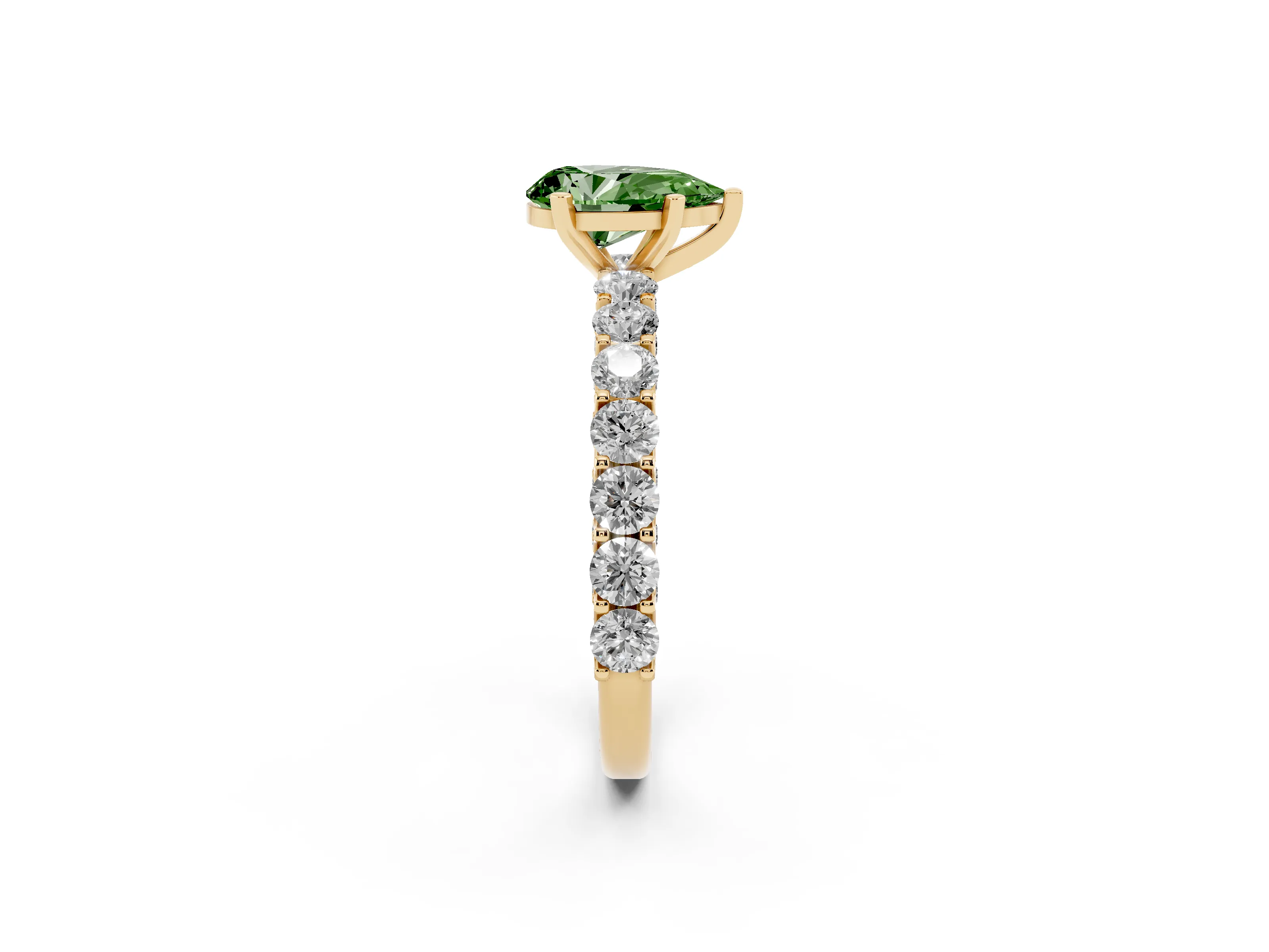 Fancy Green Pear Cut Diamond Solitaire Ring Set in Yellow gold with Shared Prong Pavé Band