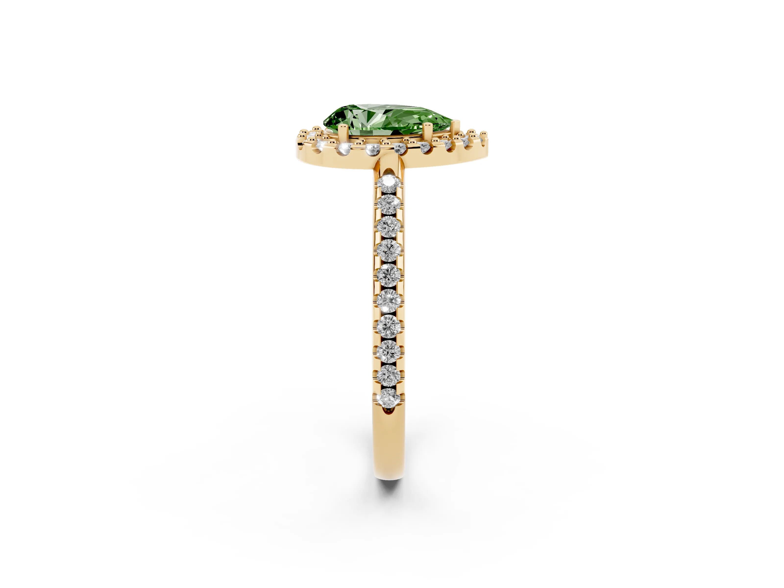 Fancy Green Pear Cut Diamond Pavé Halo Ring Set in Yellow gold with Prong Setting