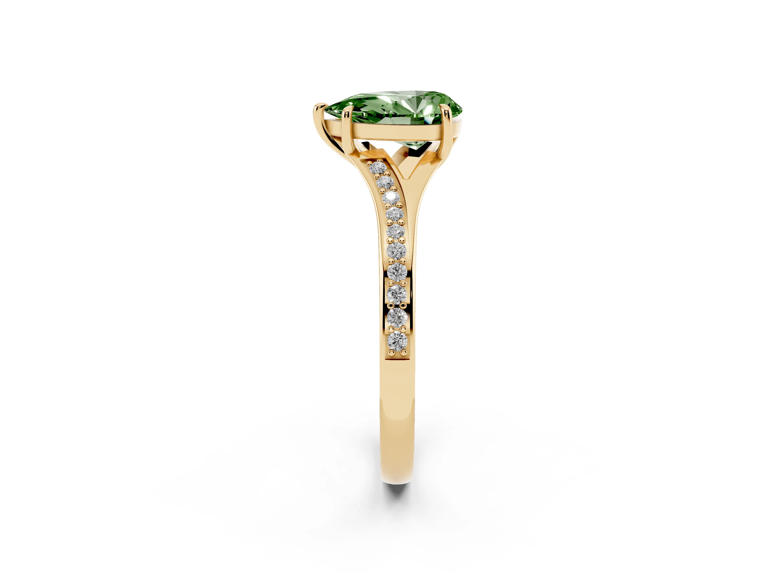 Fancy Green Pear Cut Diamond Solitaire Ring Set in Yellow gold with Pavé Accent Band and Classic Prong Setting