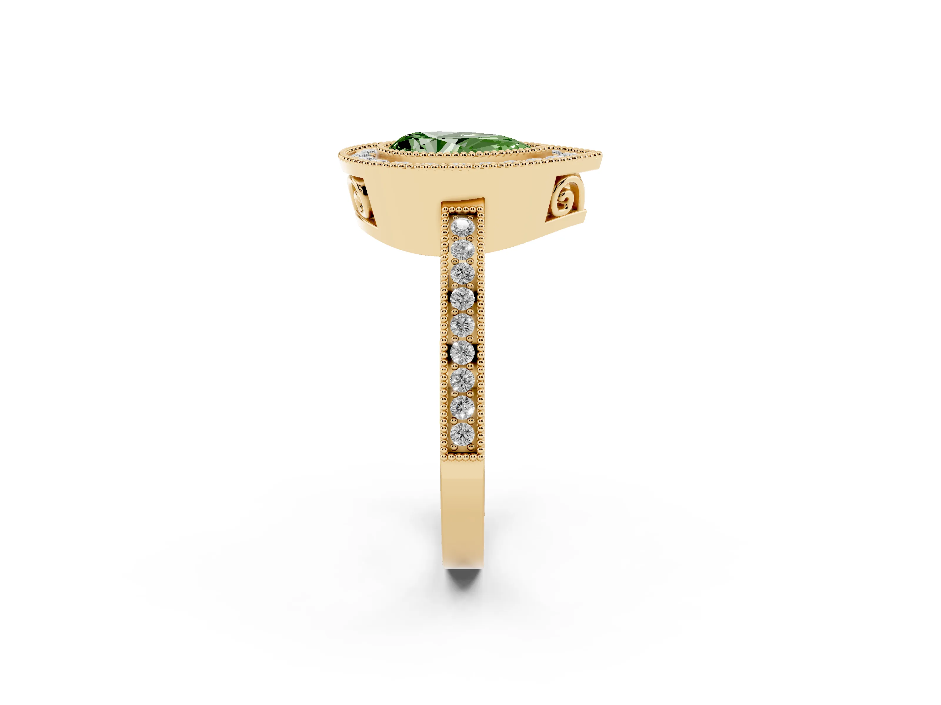 Fancy Green Pear Cut Diamond Halo Ring Set in Yellow gold with Pavé Band and Milgrain-Edged Prongs