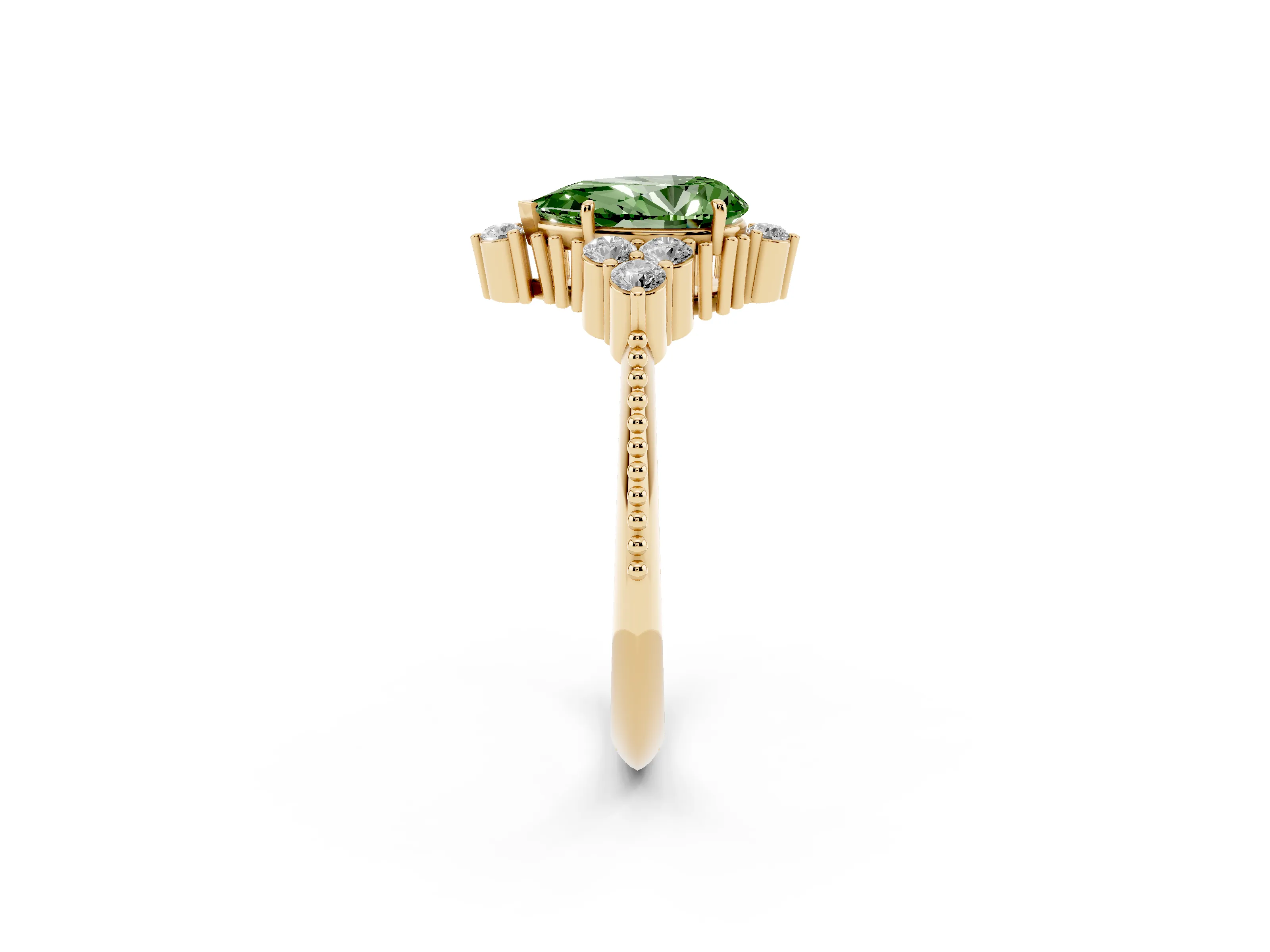 Fancy Green Pear Cut Diamond Cluster Ring Set in Yellow gold with Beaded Band