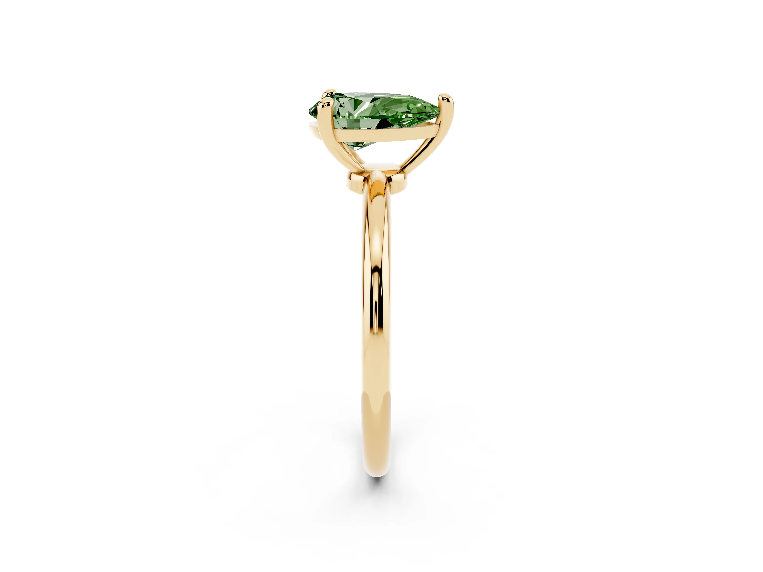 Fancy Green Pear Cut Diamond Solitaire Ring Set in Yellow gold with Secure Prong Setting on a Classic Band
