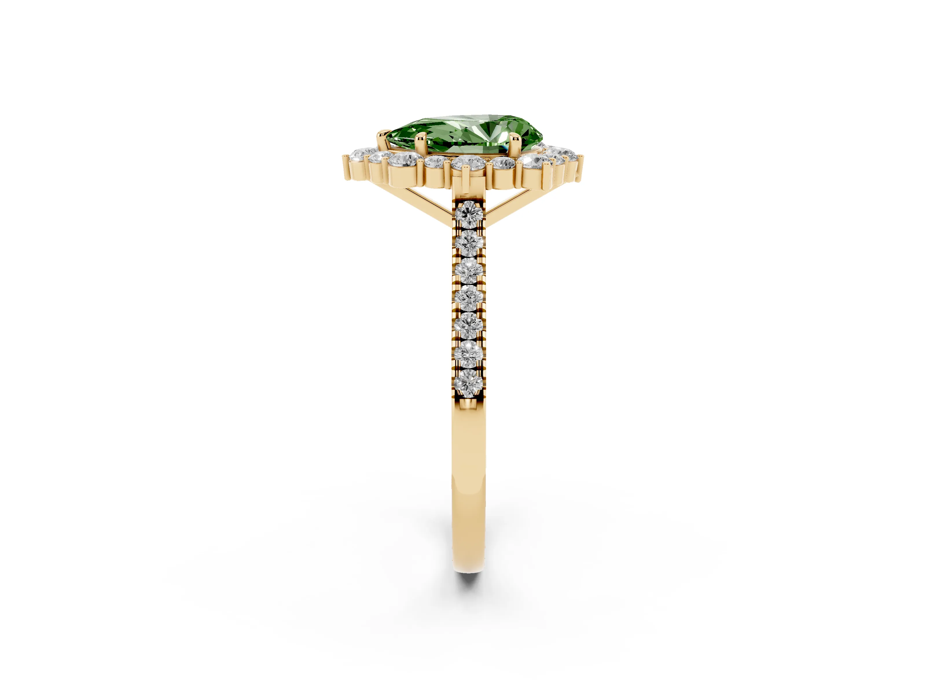 Fancy Green Pear Cut Diamond Halo Ring Set in Yellow gold with Pavé Band and Prong Setting