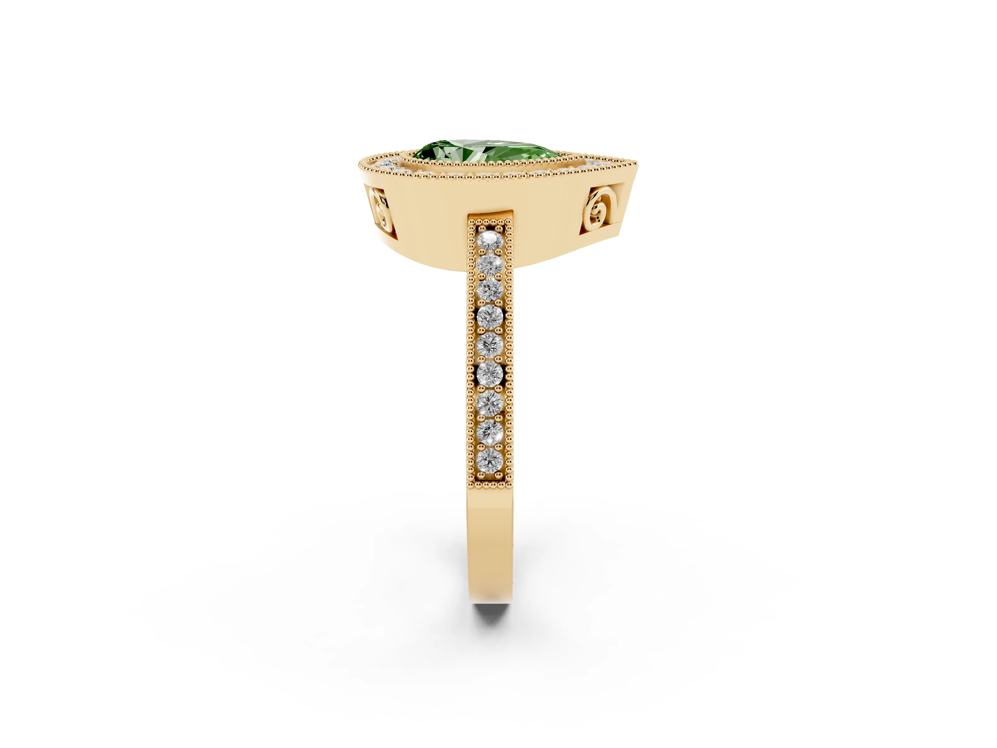 Fancy Green Pear Cut Diamond Round Halo Ring Set in Yellow gold with Pavé Band