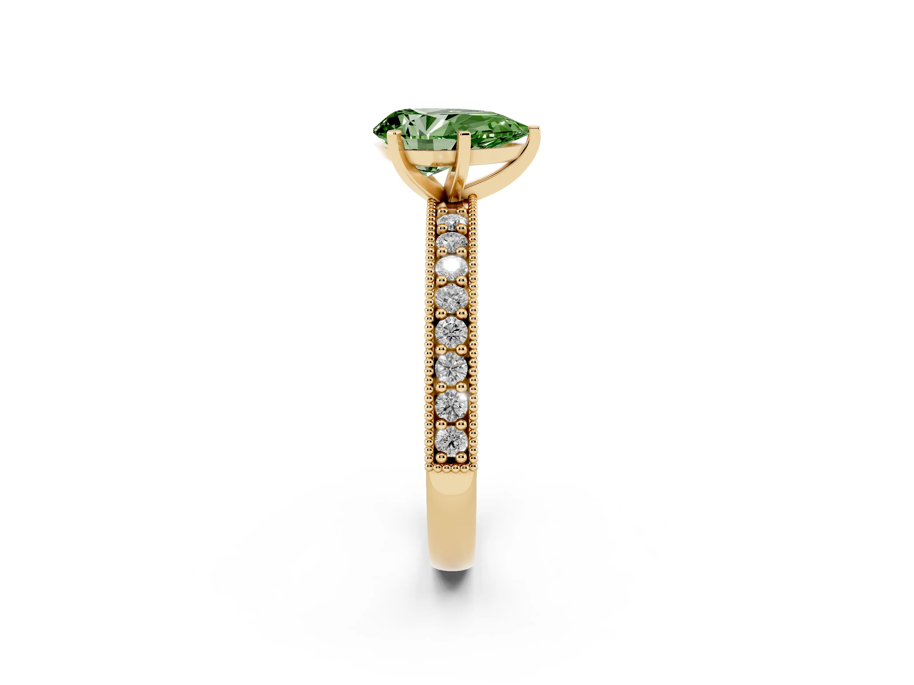 Fancy Green Pear Cut Diamond Milgrain Pavé Engagement Ring Set in Yellow gold with Prong Setting