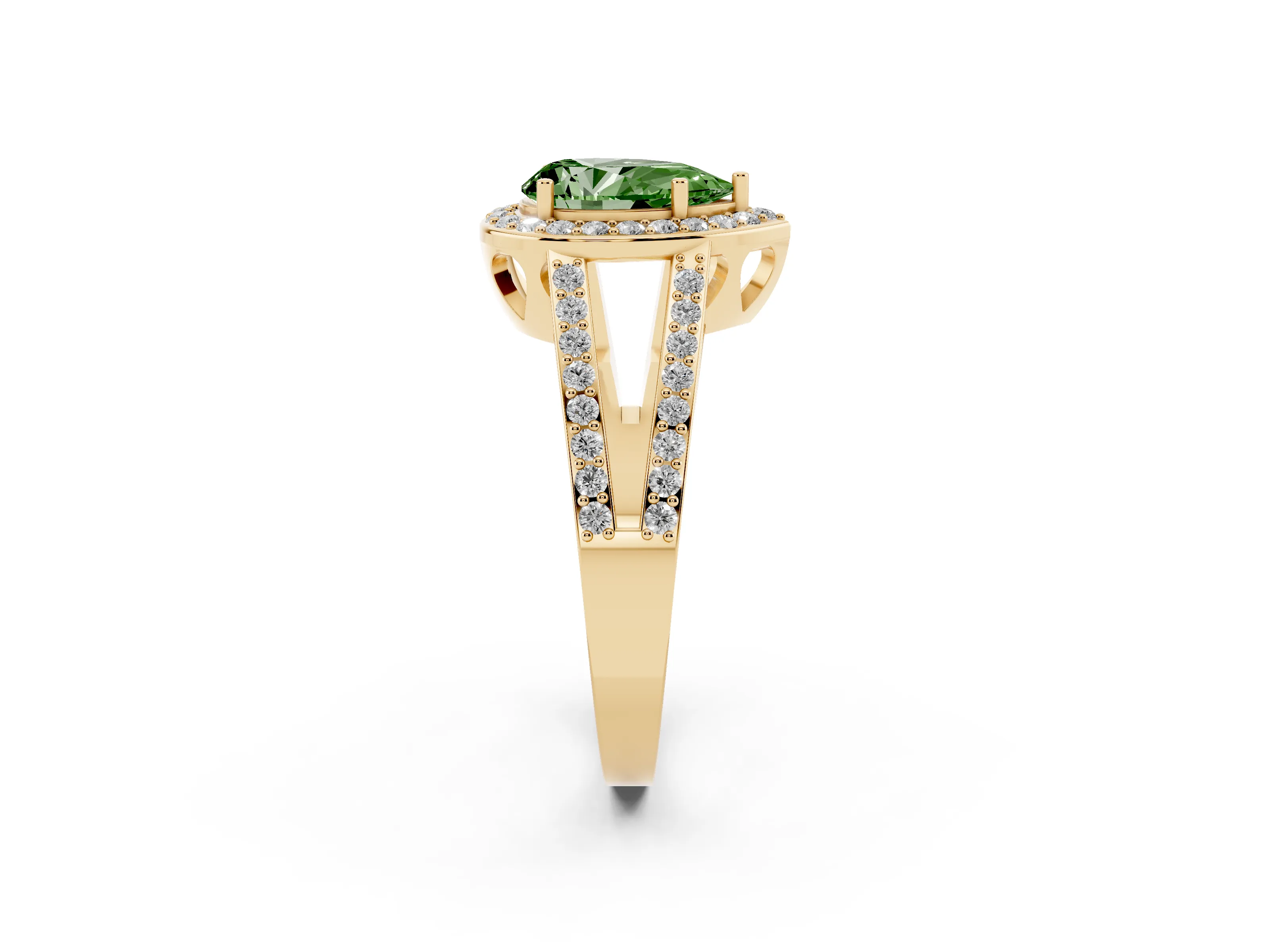Fancy Green Pear Cut Diamond Halo Ring Set in Yellow gold with U-Prong Split Shank and Prong Setting