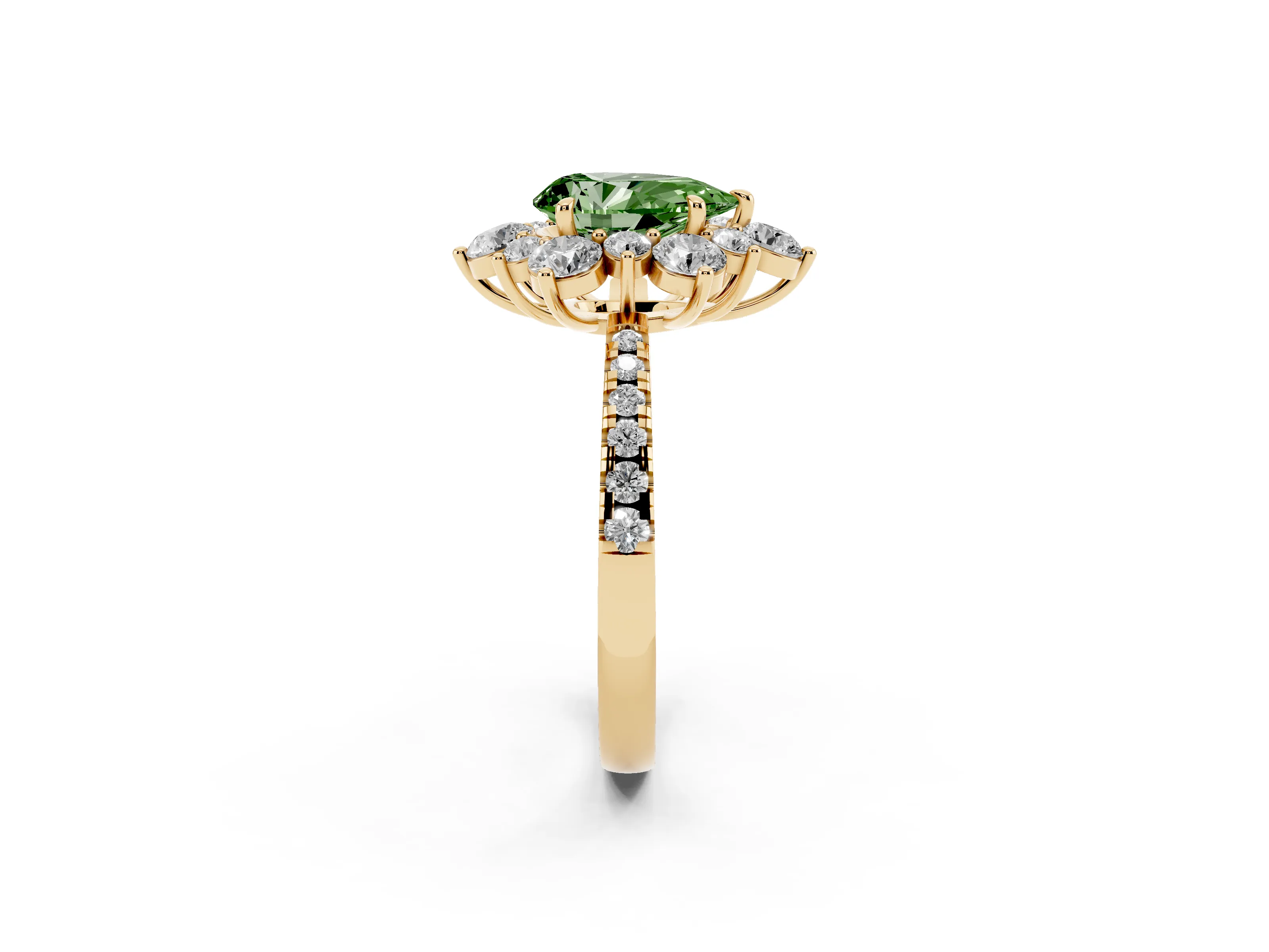 Fancy Green Pear Cut Diamond Floral Halo Ring Set in Yellow gold with Round Pavé Band and Prong Setting