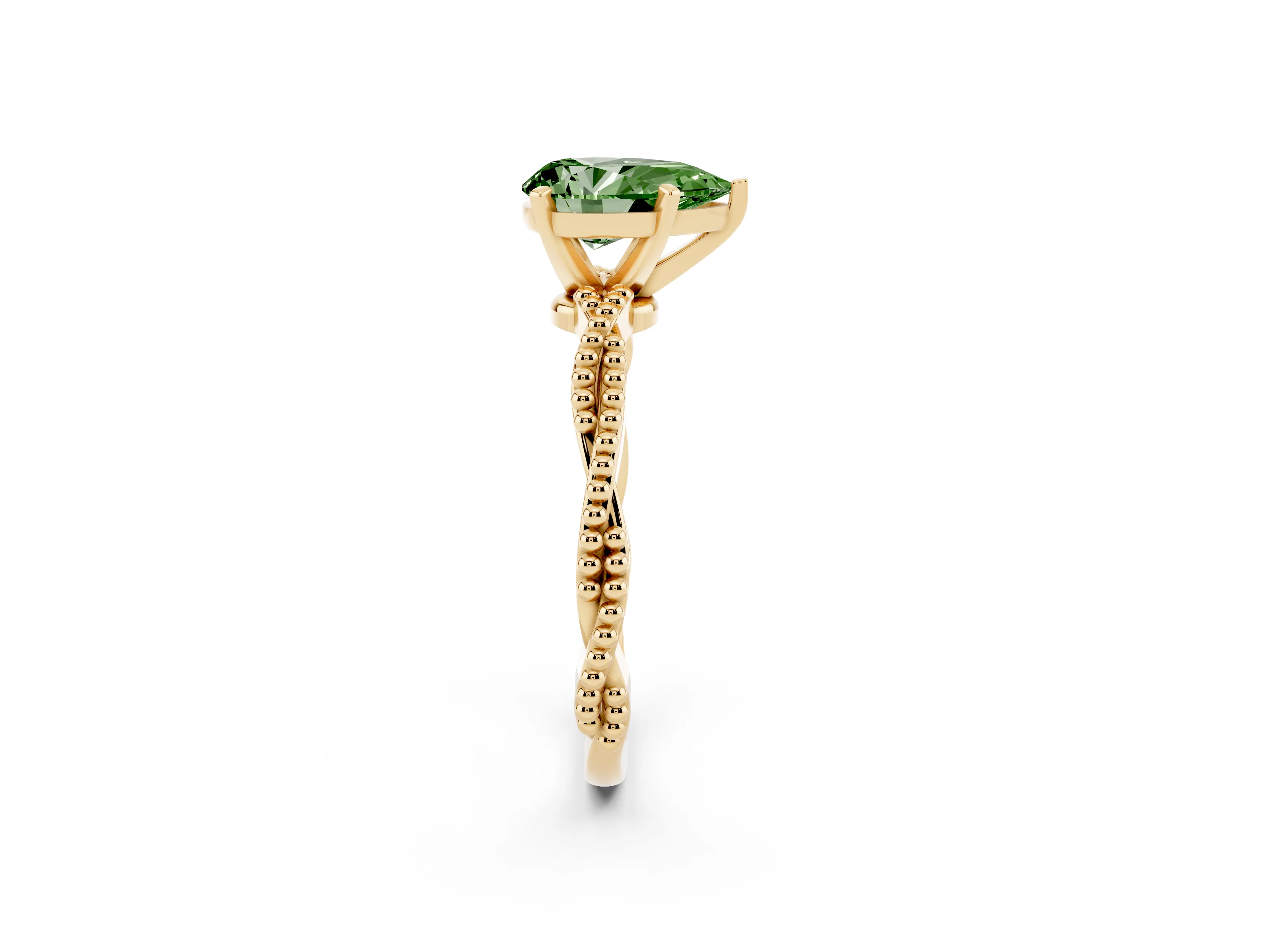 Fancy Green Pear Cut Diamond Solitaire Ring Set in Yellow gold with Twisted Band and Bead Prong Setting