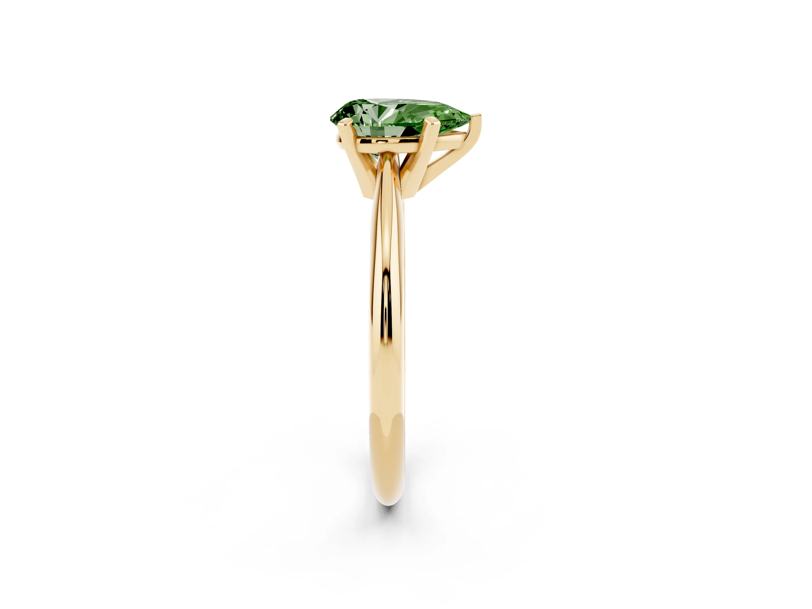 Fancy Green Pear Cut Diamond Solitaire Ring Set in Yellow gold with Prong Setting on a Plain Round Band