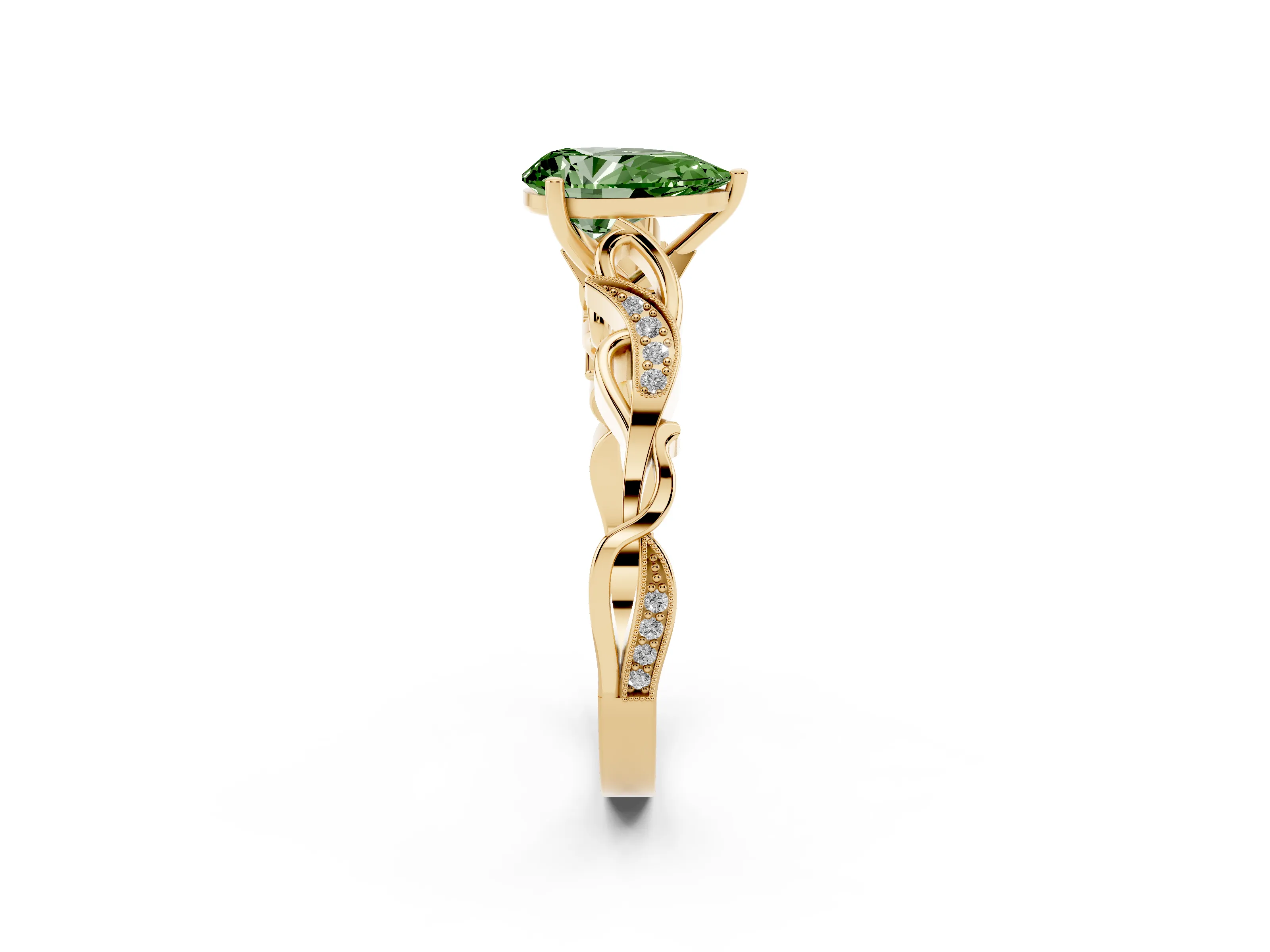 Fancy Green Pear Cut Diamond Vine Band Solitaire Ring Set in Yellow gold with Milgrain Prong Setting