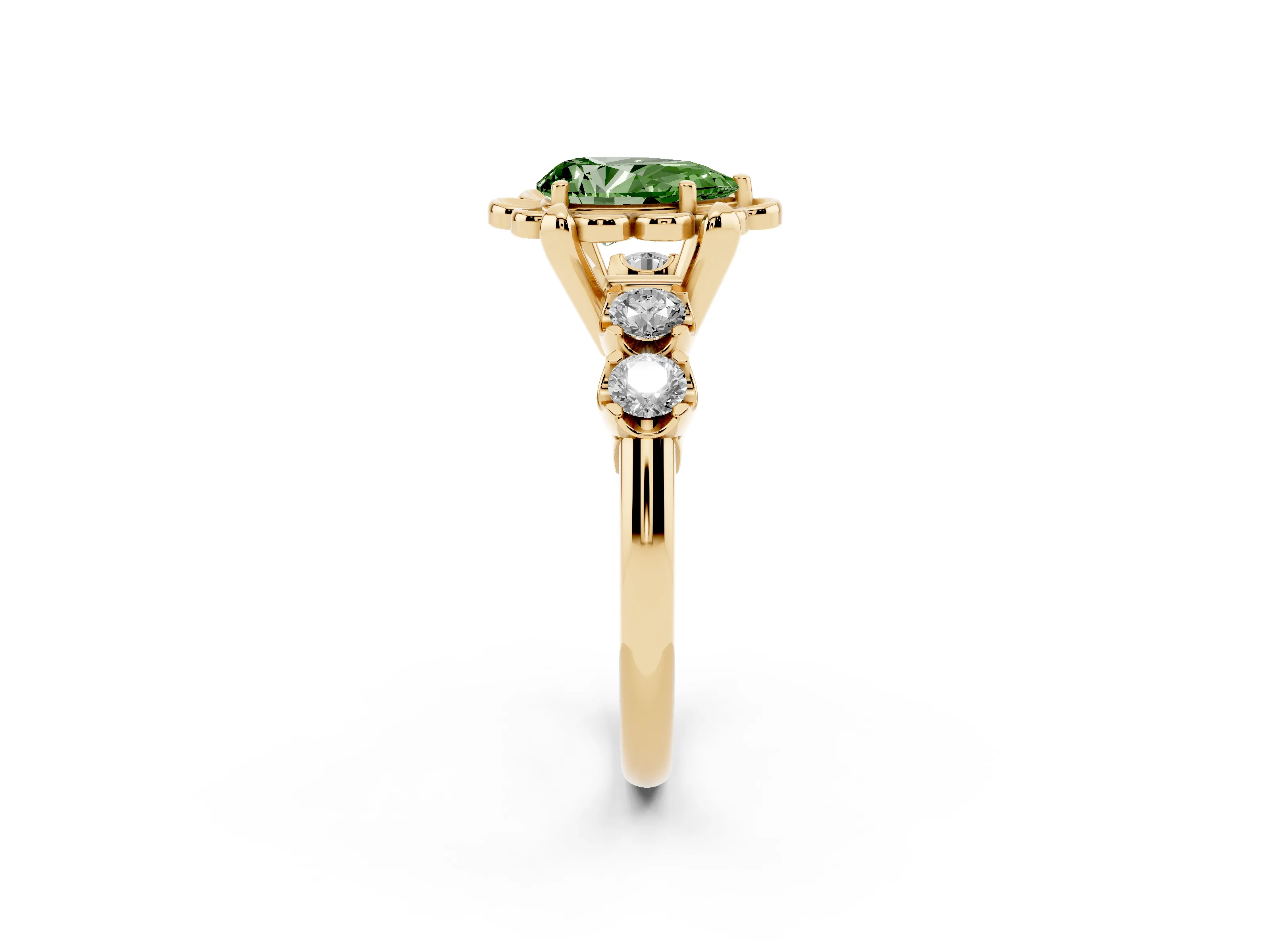 Fancy Green Pear Cut Diamond Floral Halo Ring Set in Yellow gold with Shared Prong Band