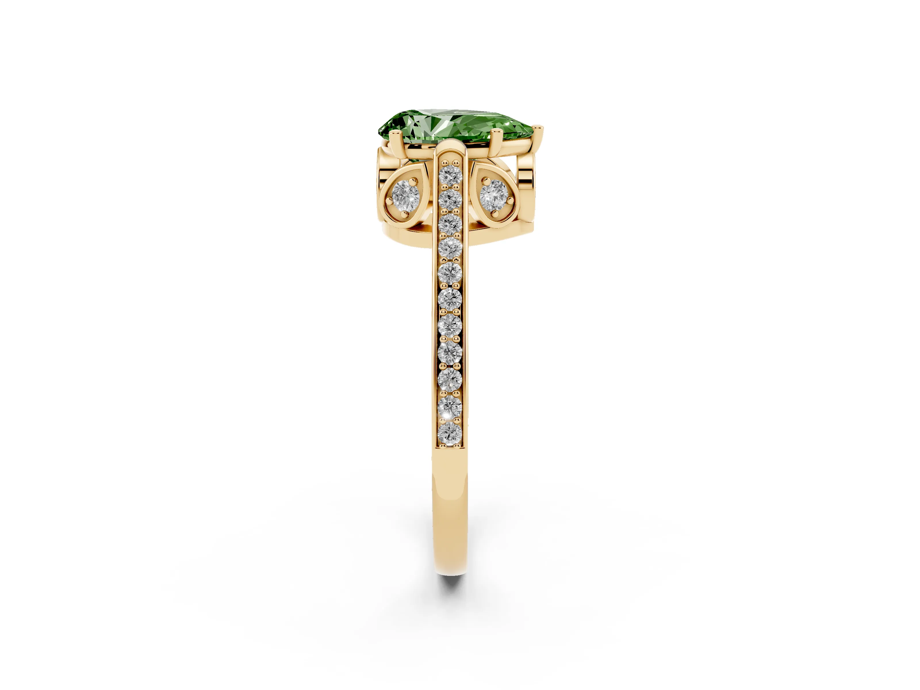 Fancy Green Pear Cut Diamond Cathedral Pavé Engagement Ring Set in Yellow gold with Prong Setting